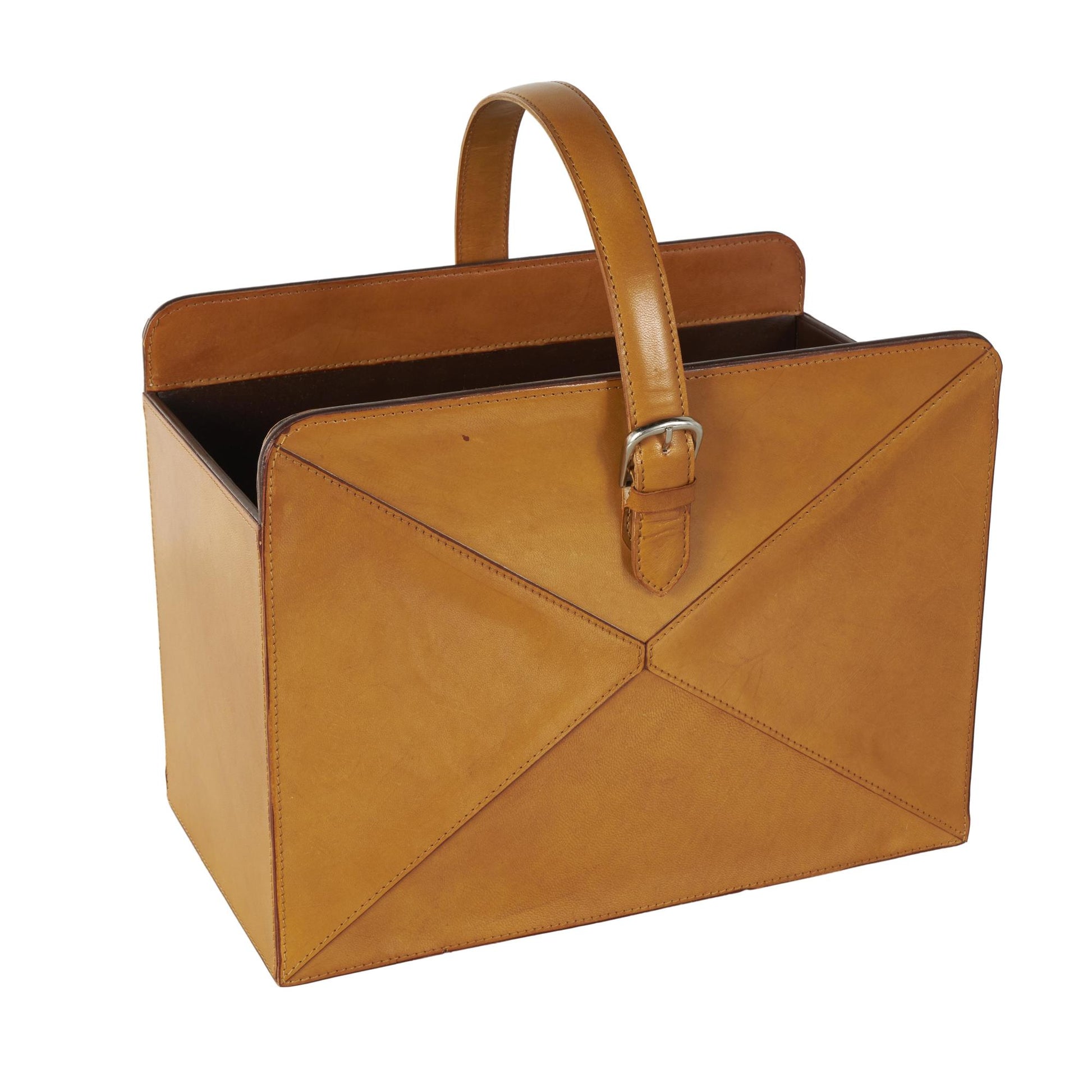 Leather Handmade Box Style Single Slot Decorative Magazine Holder with Detail Stitching and Curved Buckle Handles 16" x 11" x 17"