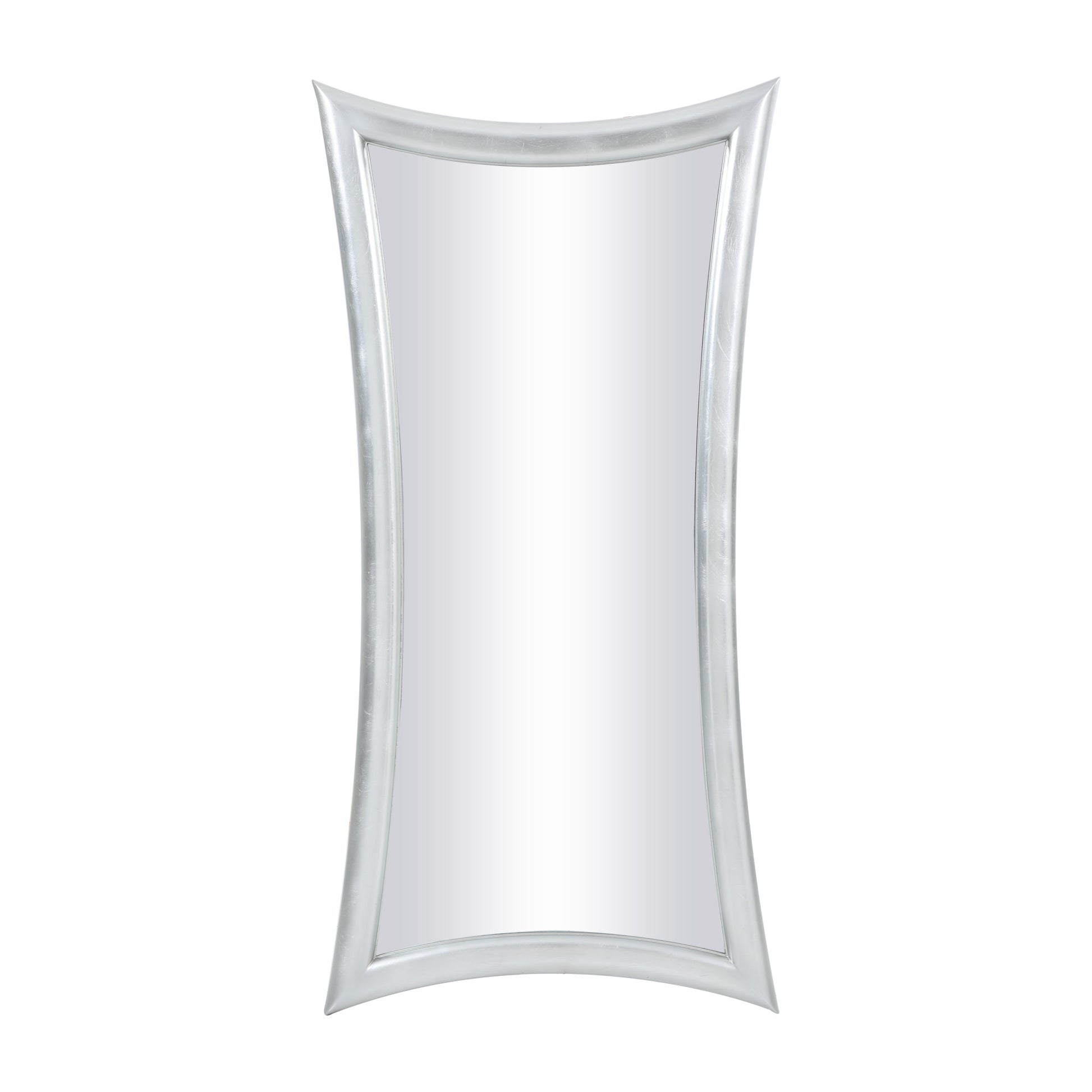 Abstract Silver Wooden Room Floor Mirror with Inward Curved Frame and Silver Leaf Detailing