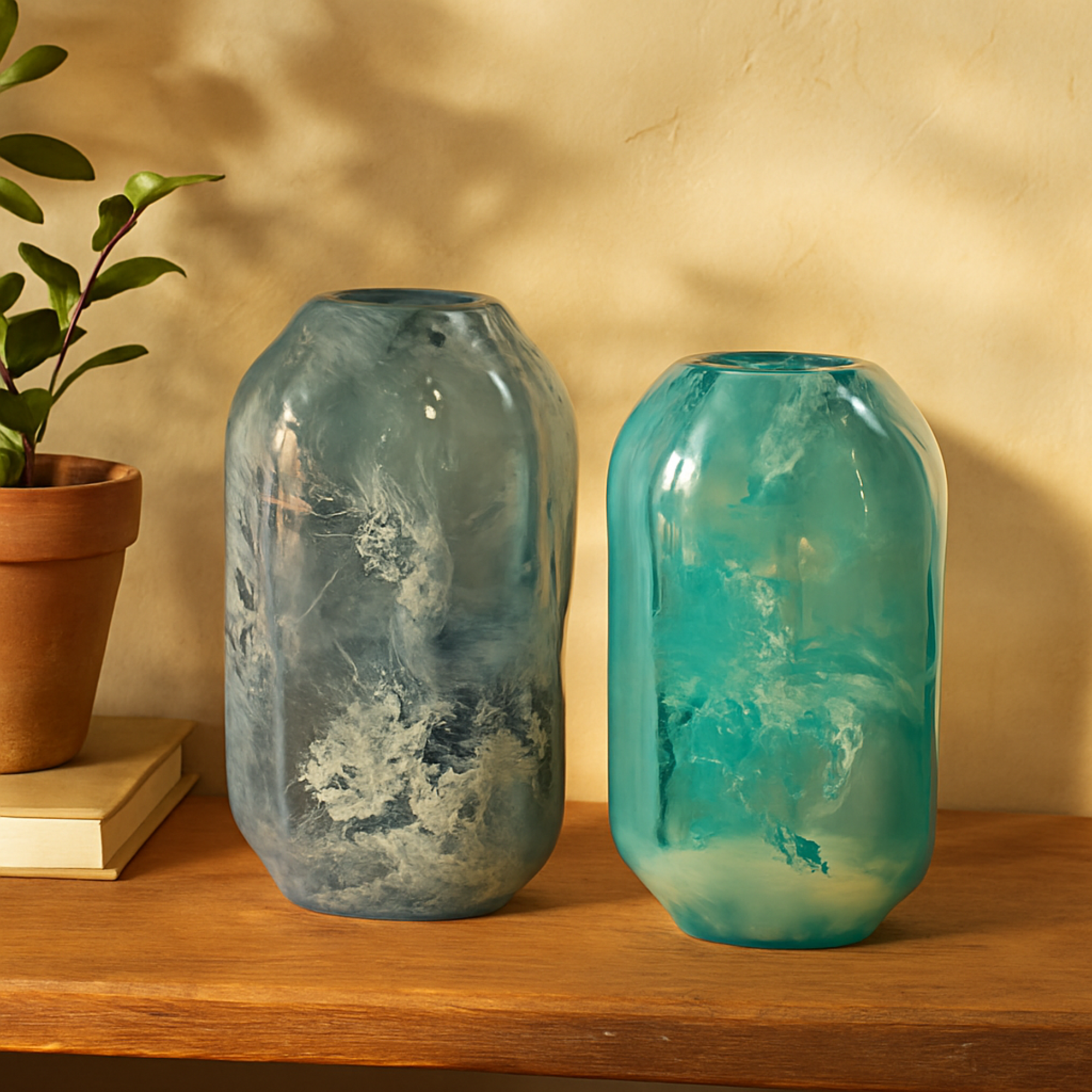 Set of 2 Blue Glass Handmade Blown Decorative Vase