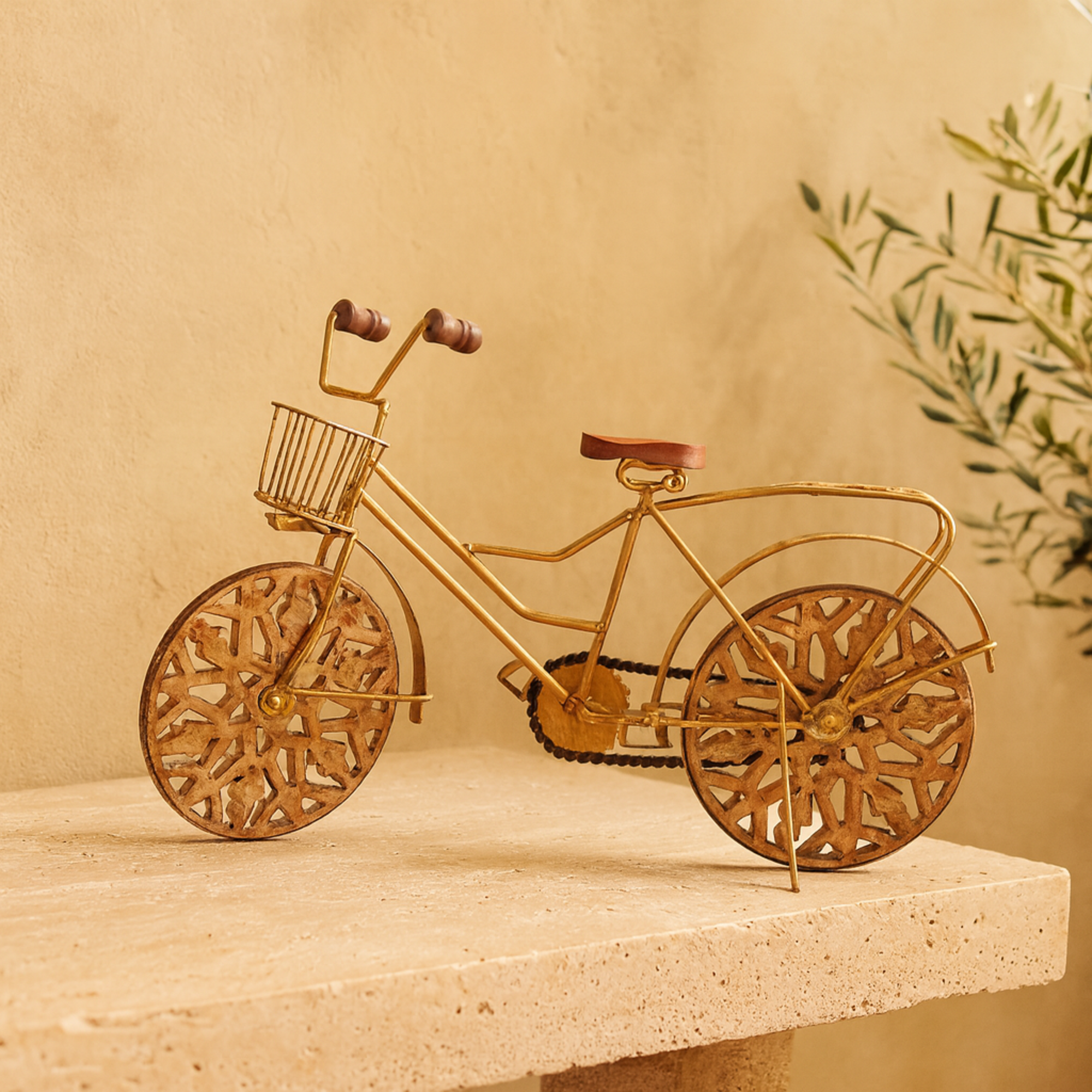 Bike Metal Decorative Sculpture with Carved Wood Wheels