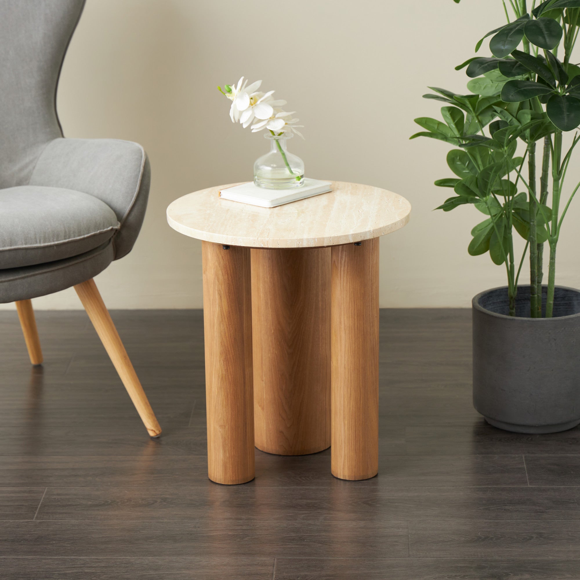 Brown Wood Side End Accent Table with Beige Round Marble Tabletop