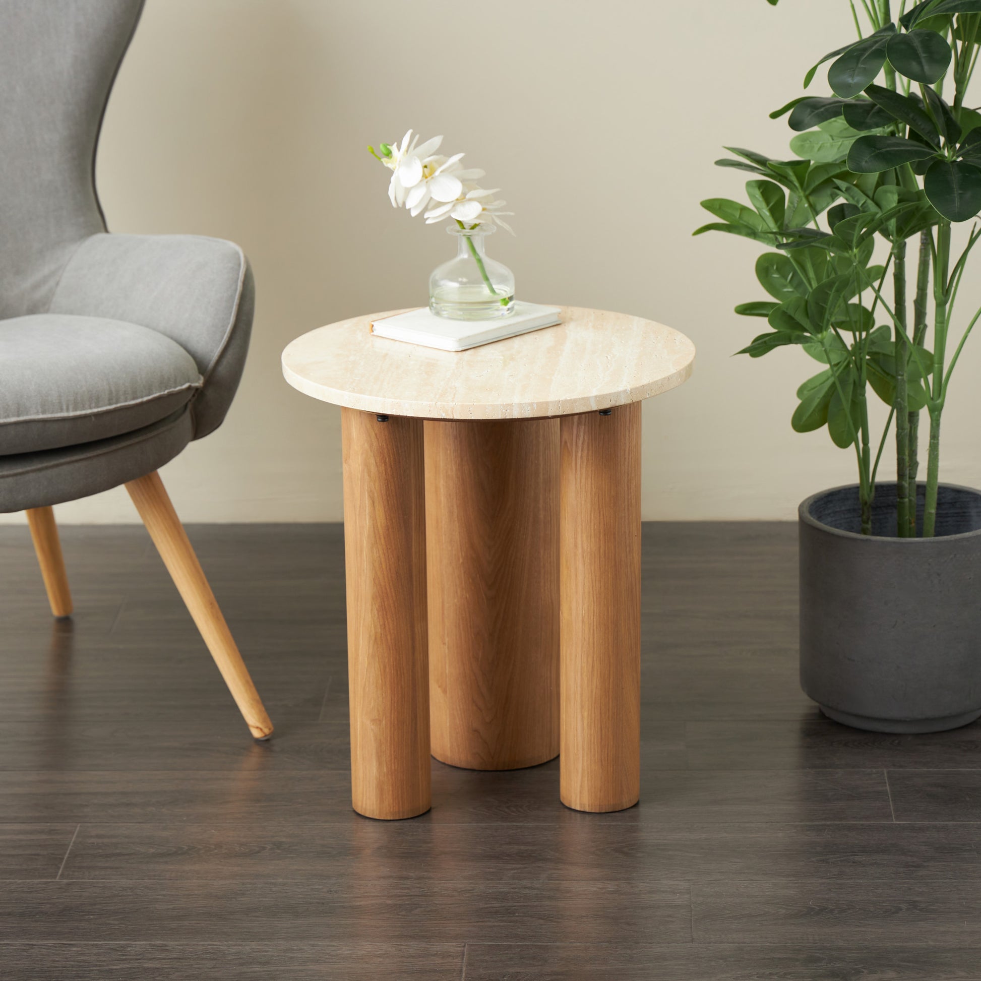 Brown Wood Side End Accent Table with Beige Round Marble Tabletop