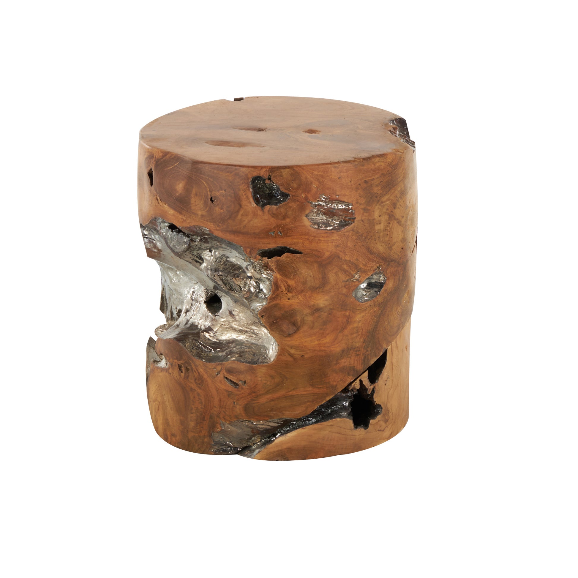 Brown Teak Wood Handmade Live Edge Tree Stump Living Room Stool with Silver Accents