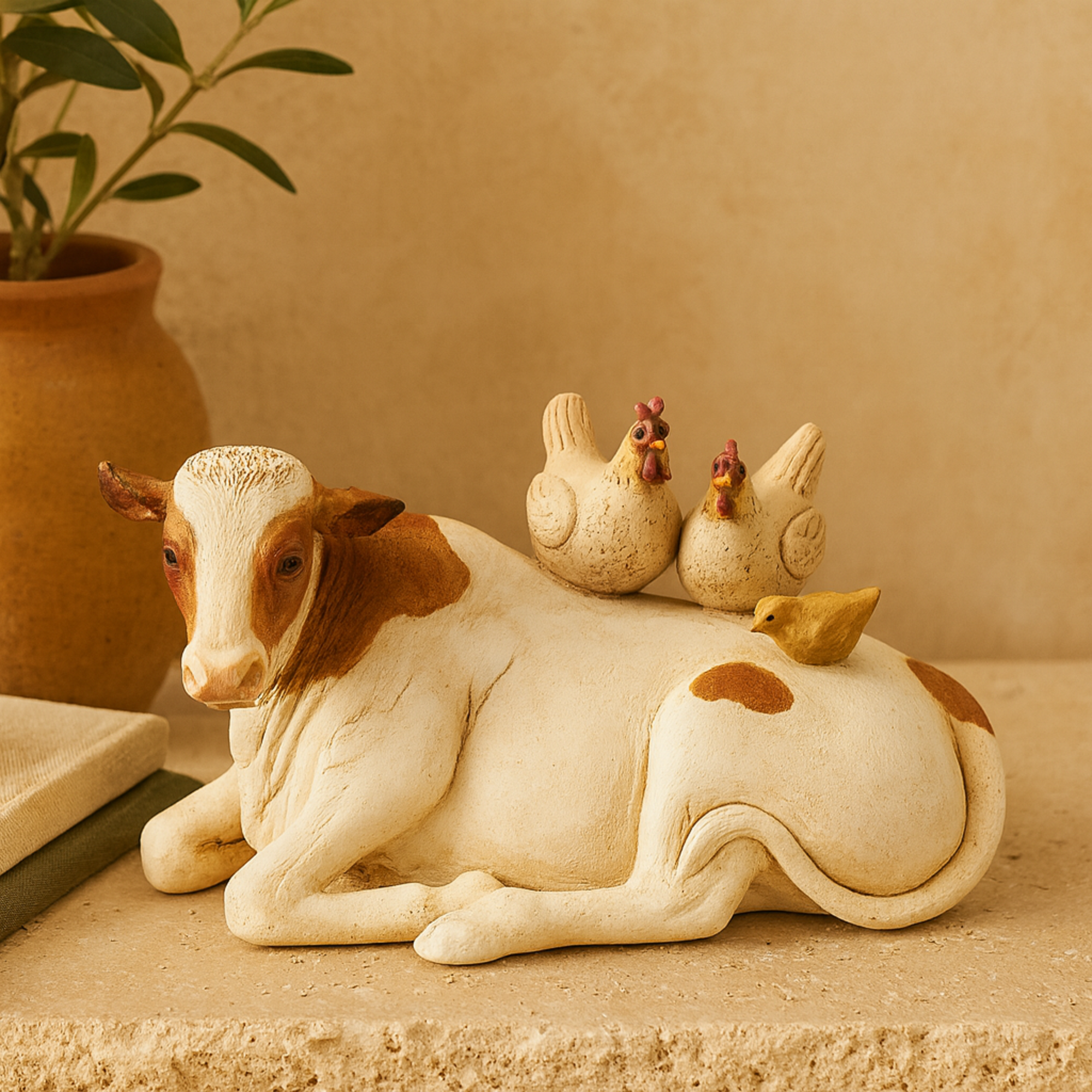 Cow Polystone Sleeping Decorative Sculpture with Sitting Roosters and Chicks 11" x 6" x 6"
