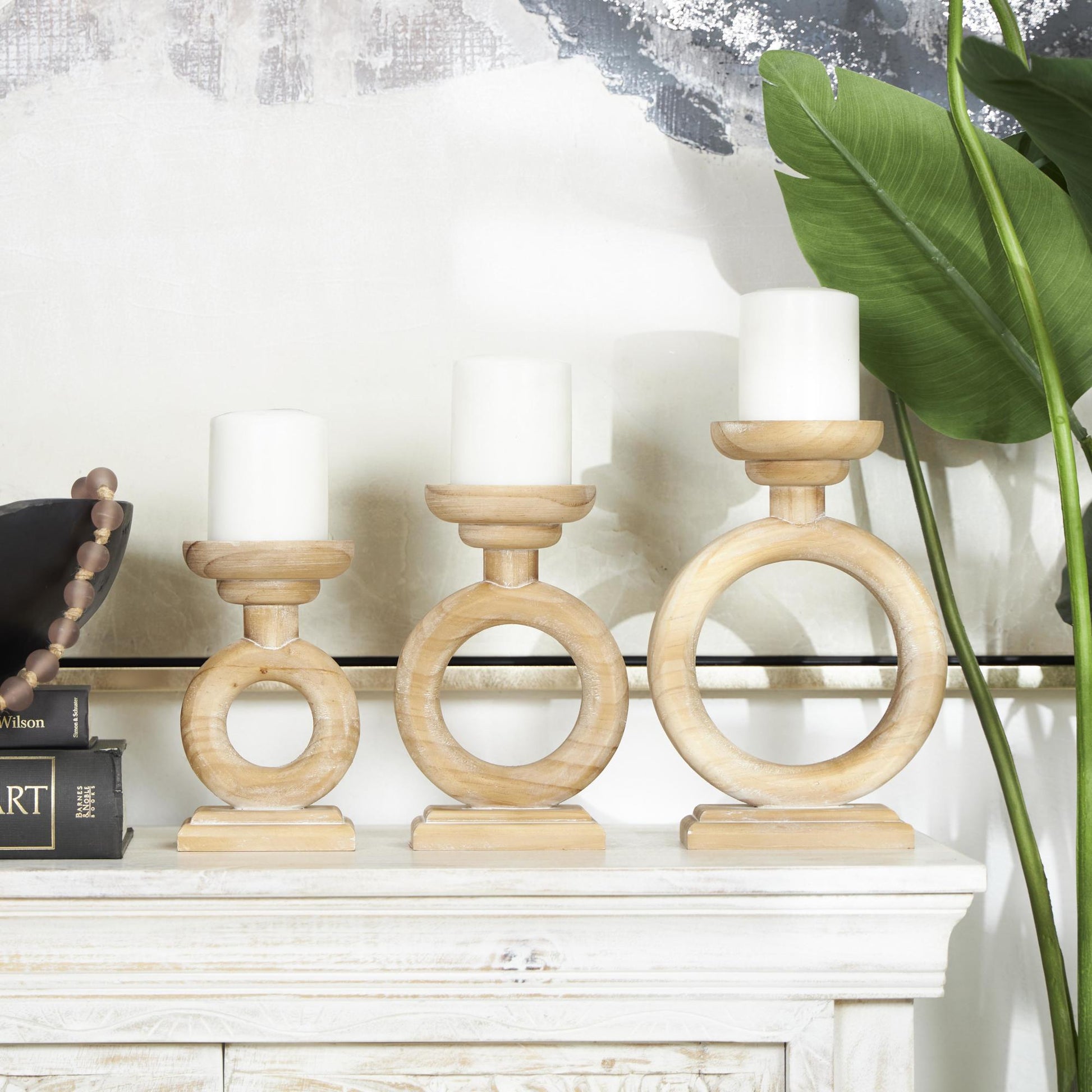 Set of 3 Brown Wood Circular Ring Decorative Candle Holder