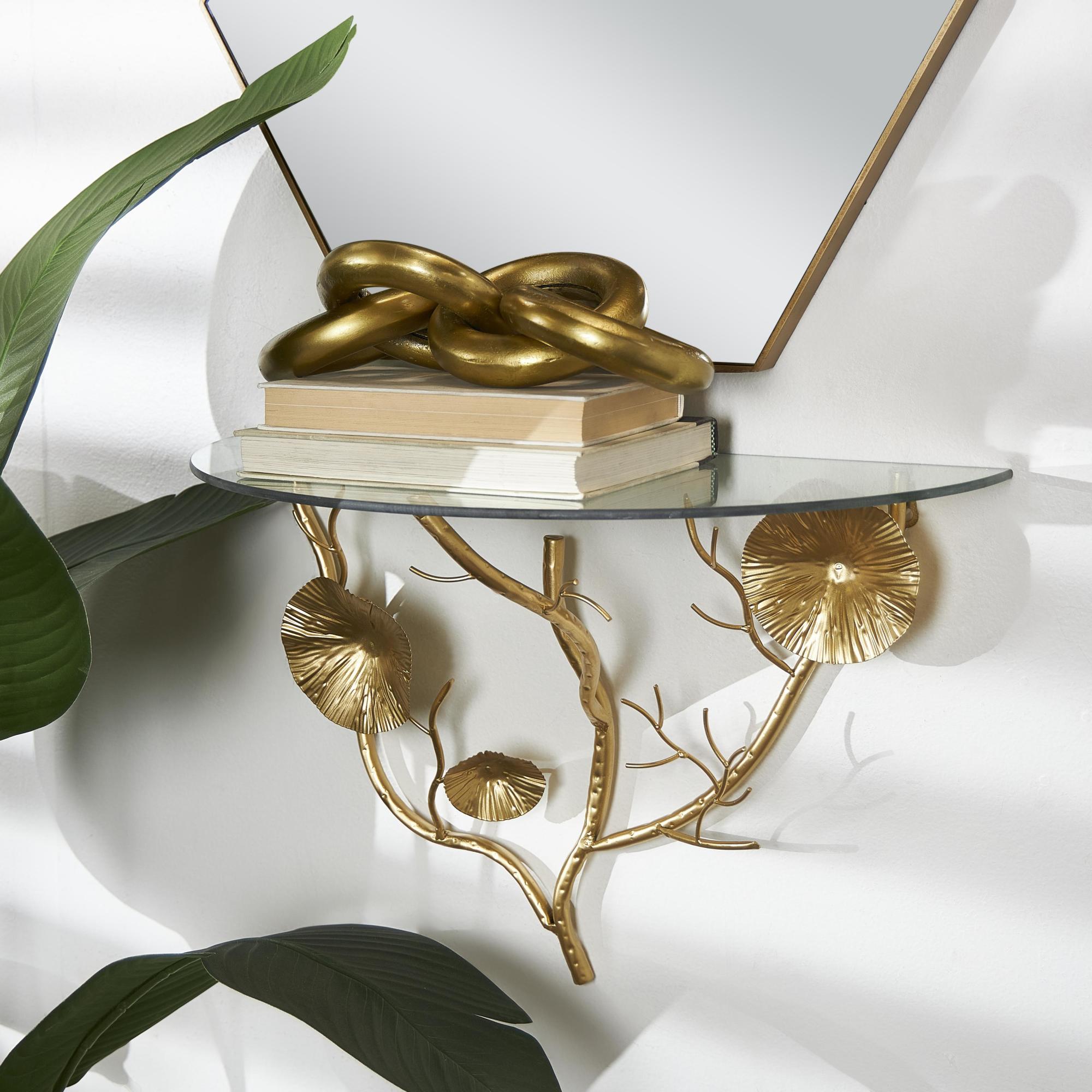 Floral Metal Branch Room Wall Shelf with Tempered Glass Top