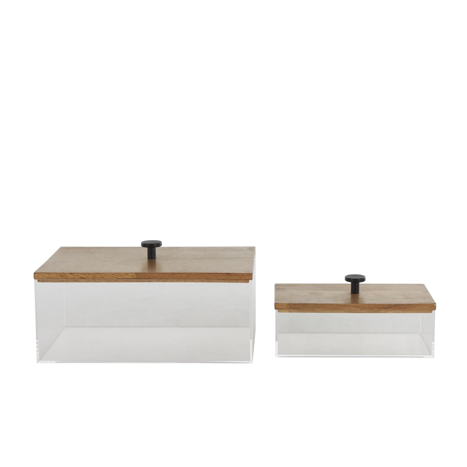 Set of 2 Clear Acrylic Plastic Decorative Box with Brown Wooden Lids and Black Knobs
