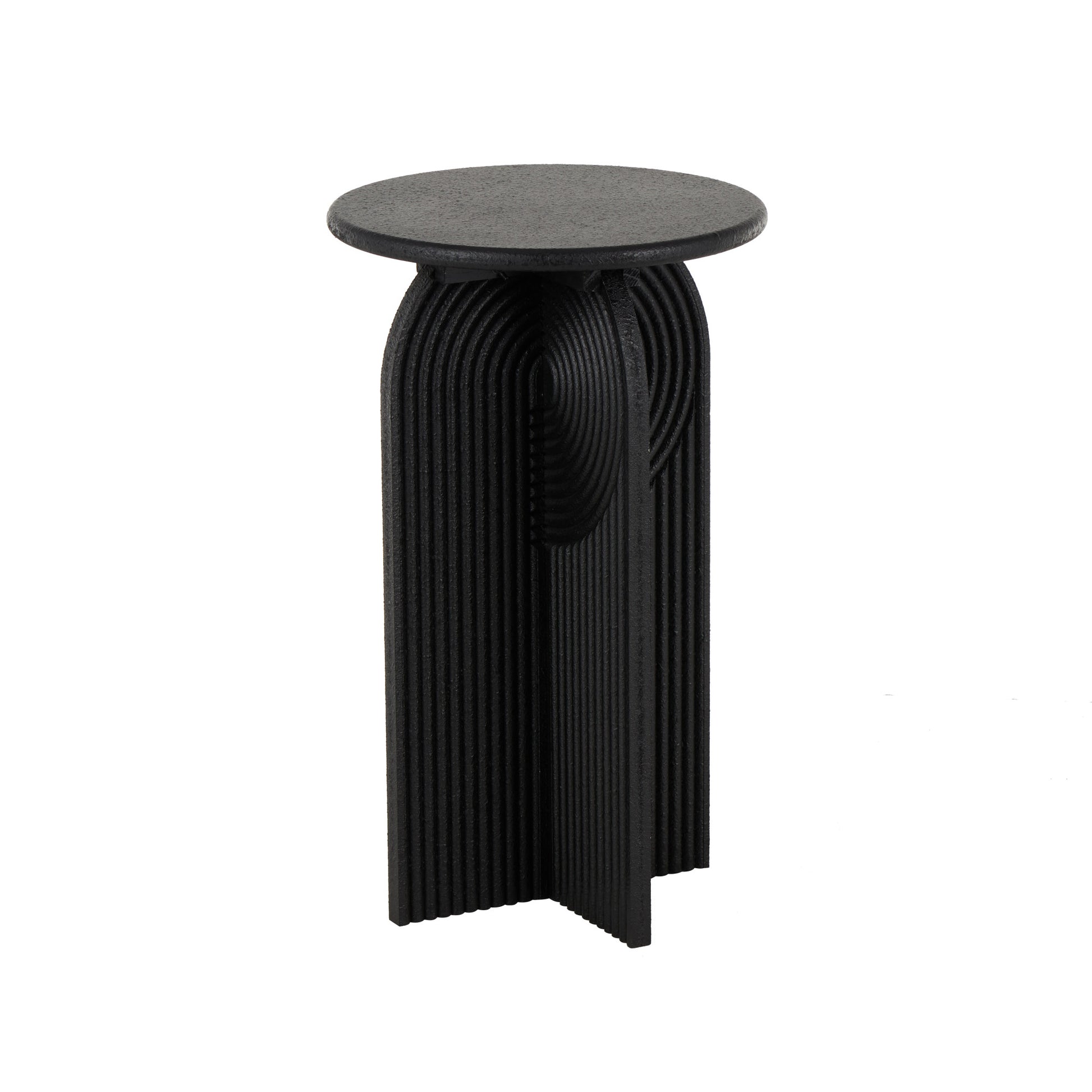 Set of 2 Geometric Black Wood Sandstone Carved Art Deco Arched Pedestal Side End Accent Table