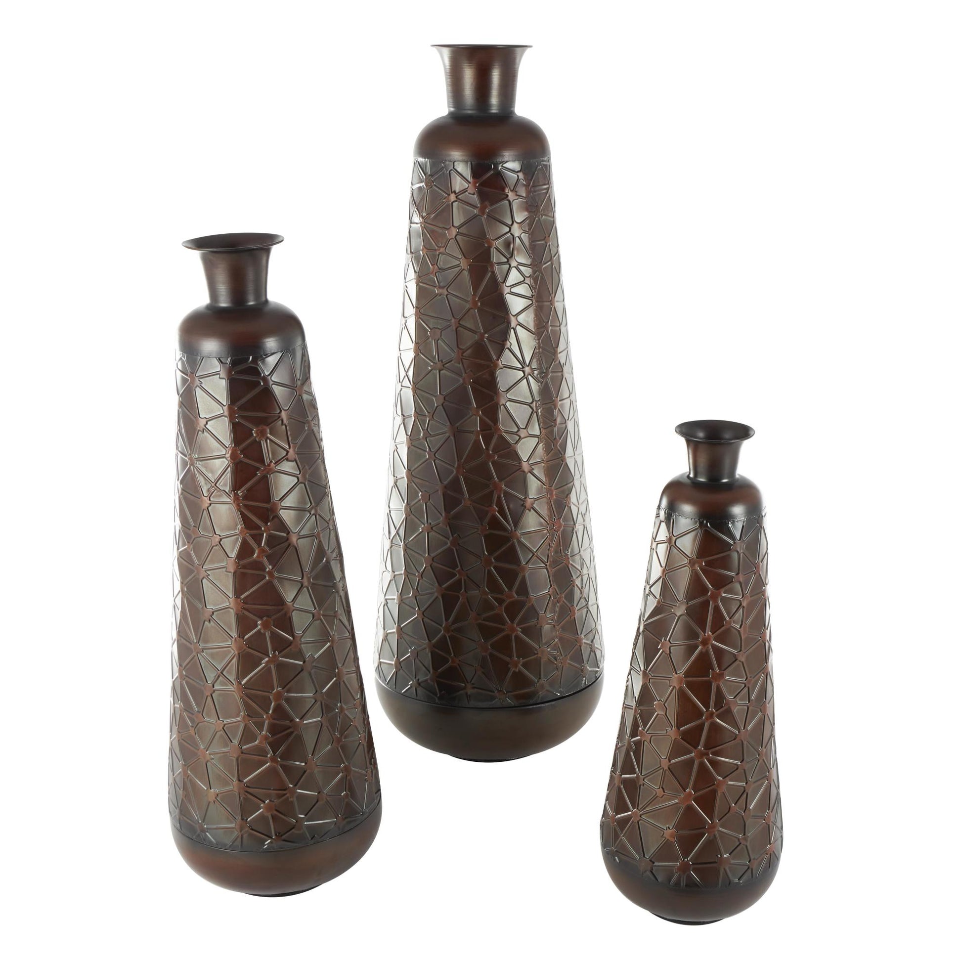Set of 3 Metal Tall Tapered Floor Decorative Vase with Brown Trumpet Tops Set of 3 18", 39", 28"H