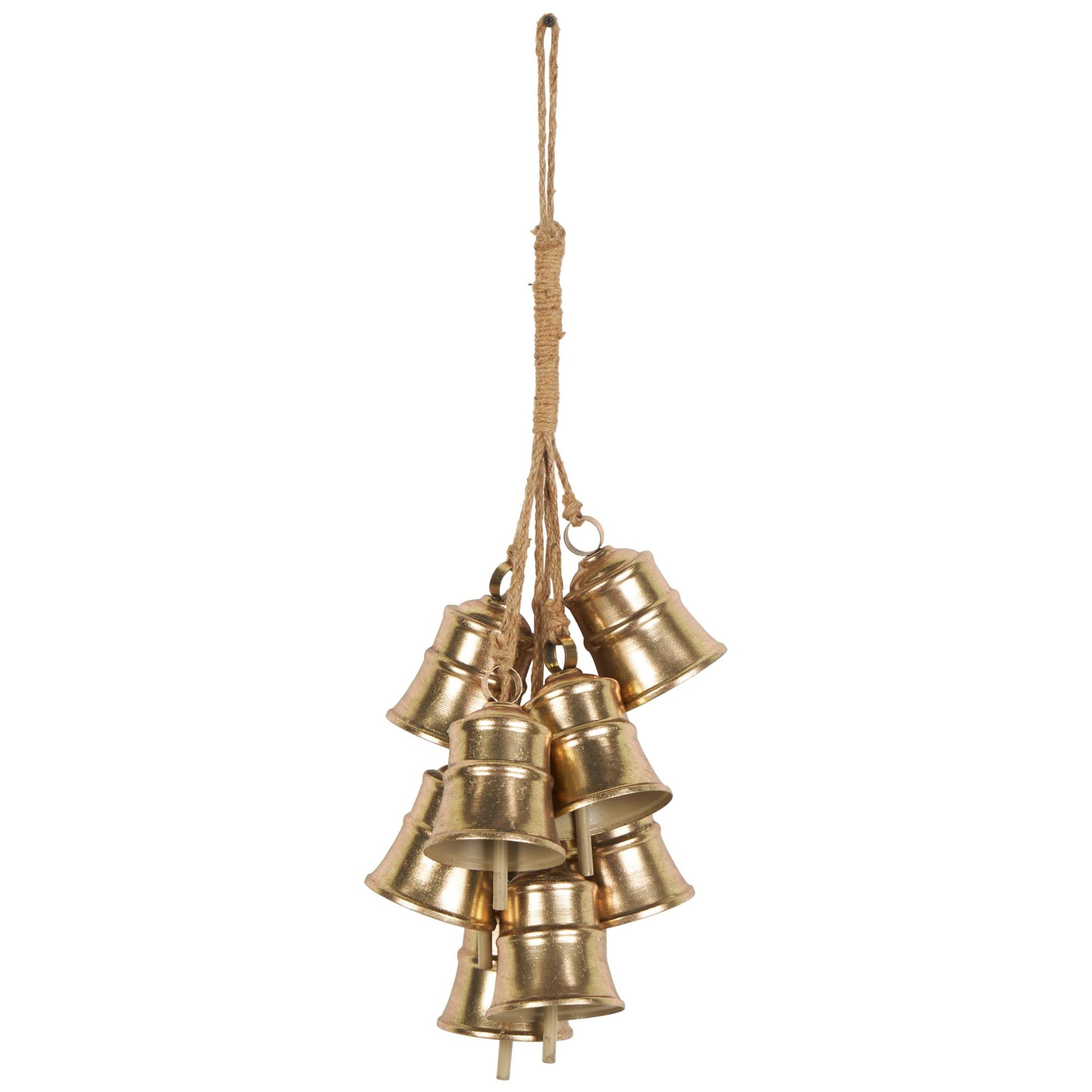 Gold Metal Tibetan Inspired Cascading Cluster Indoor Outdoor Decorative Bells with 8 Bells on Jute Hanging Rope