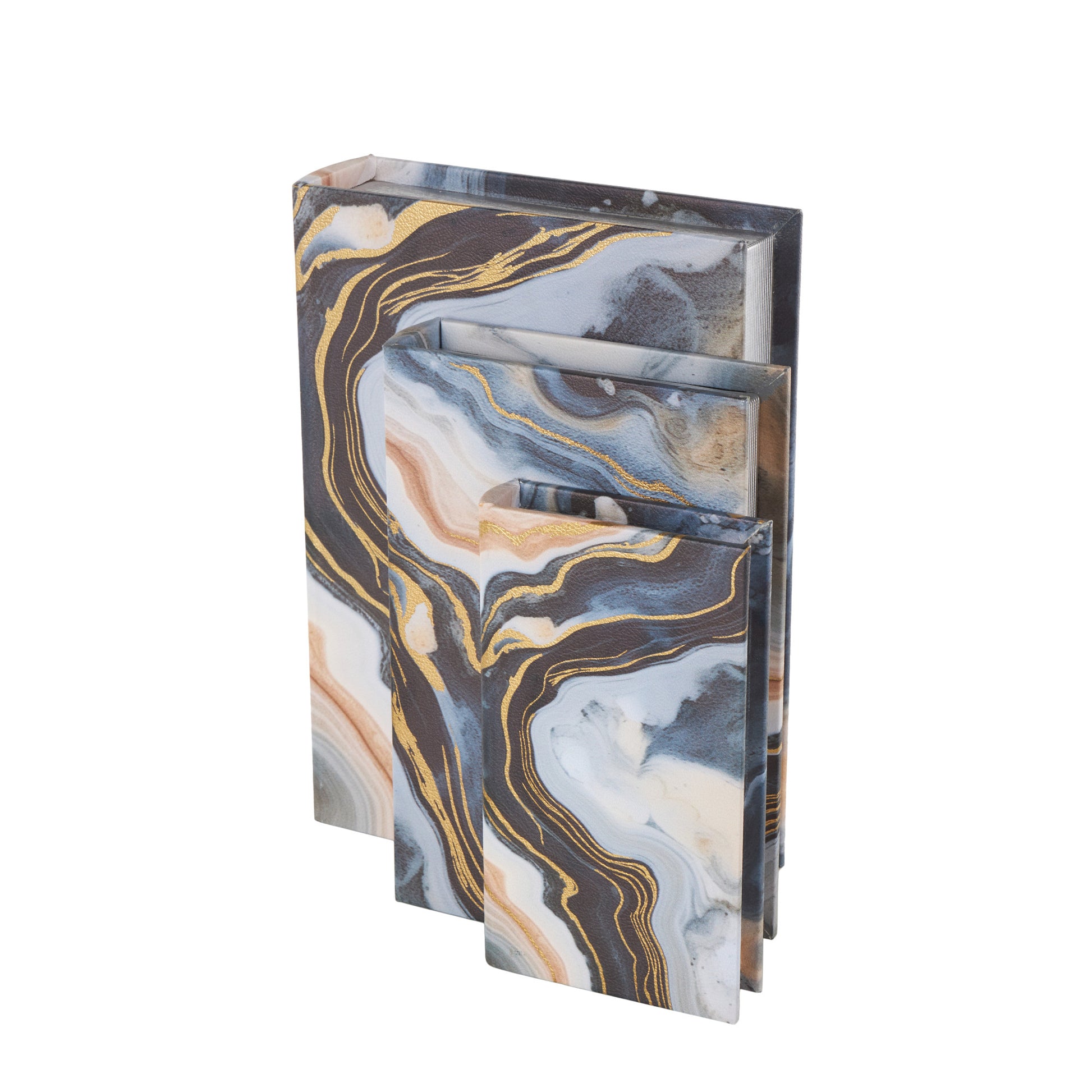 Set of 3 Geode Blue Faux Leather Faux Book Storage Decorative Box with Metallic Gold Accents