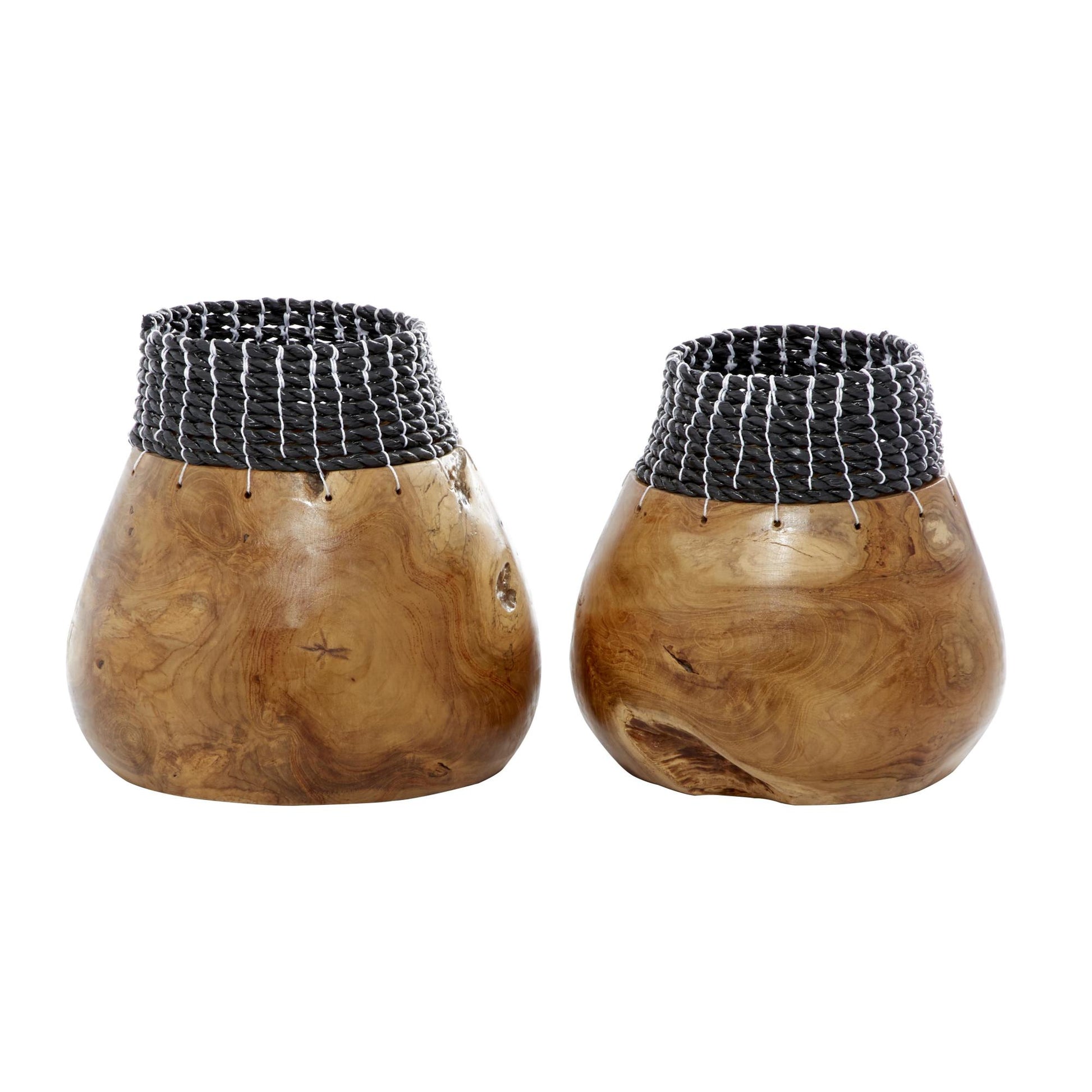 Set of 2 Wood Handmade Decorative Vase with Black Seagrass Accents