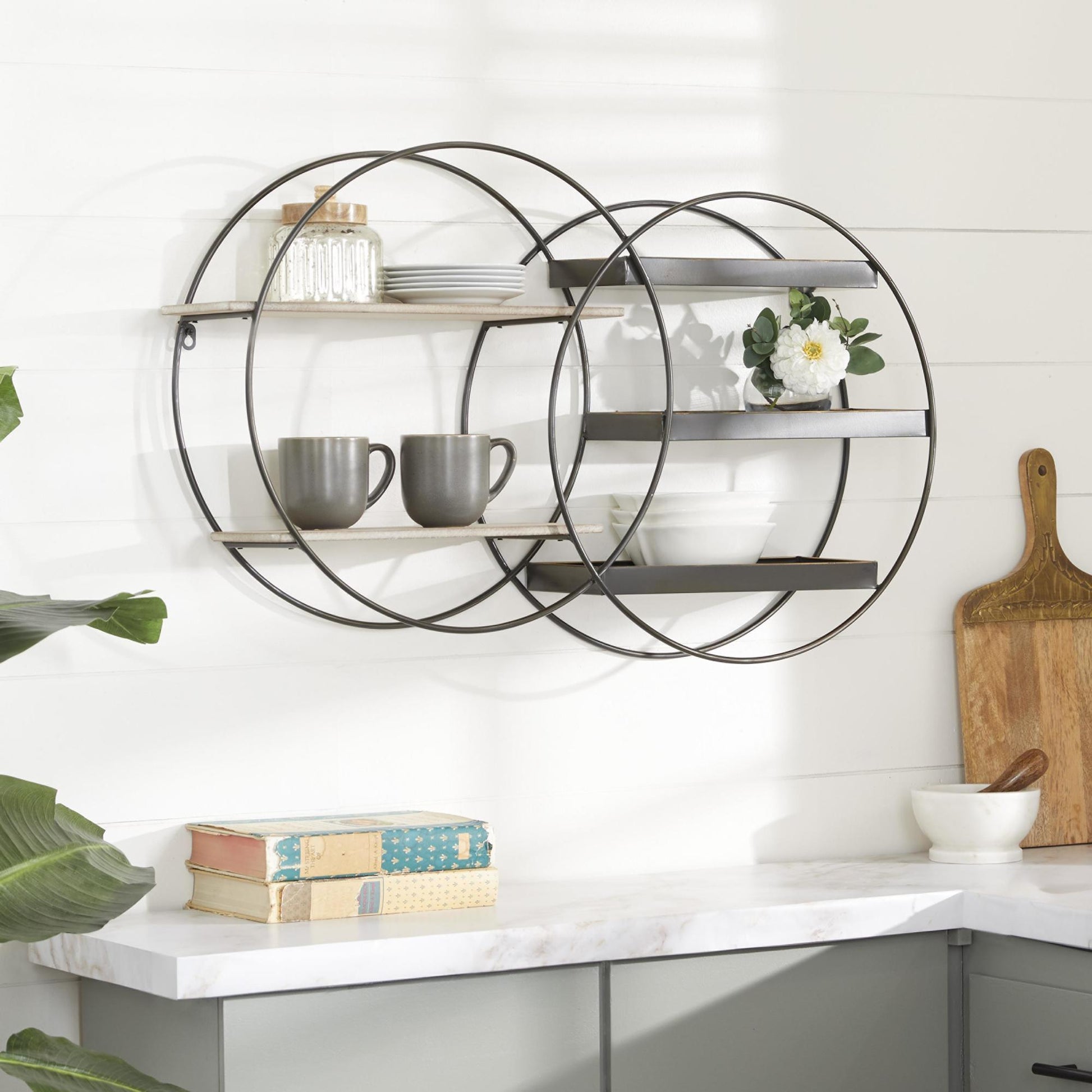 Geometric Black Metal Overlapping Circle 5 Level Room Wall Shelf with Wood Accents