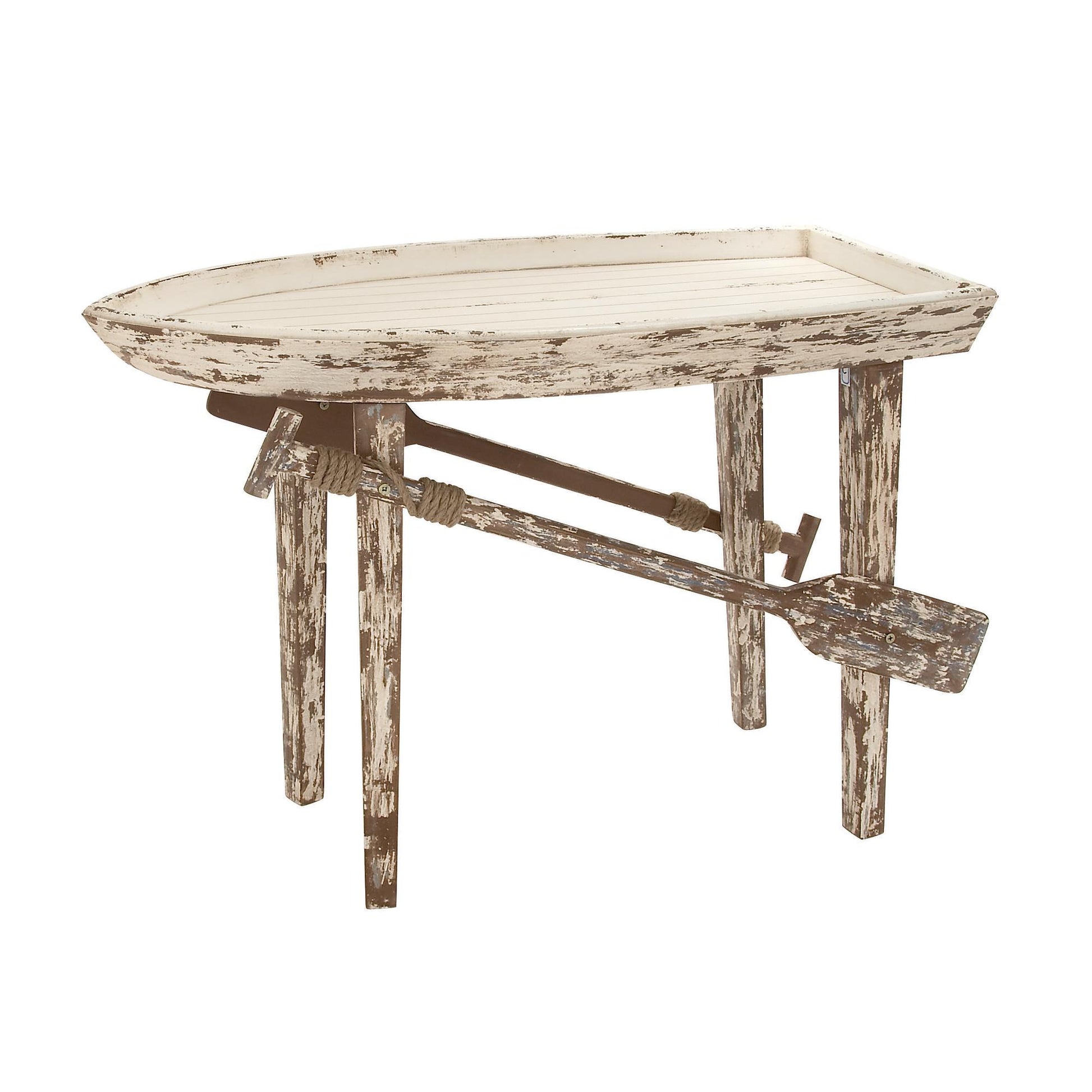 Boat White Wood Distressed Tray Top Side End Accent Table with Oar Detailed Legs