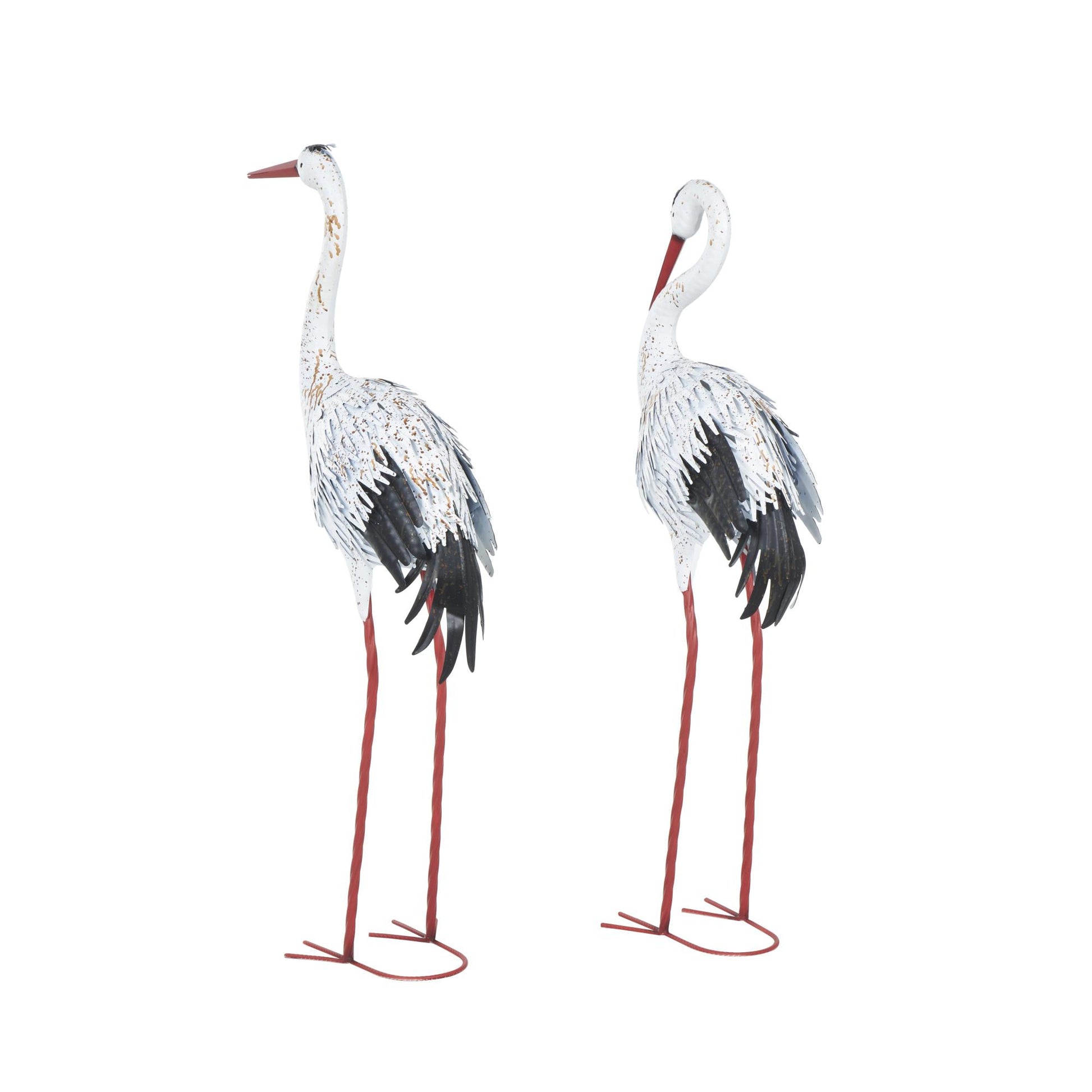 Set of 2 Crane White Metal Tall Decorative Garden Sculpture with Brown Speckled Texture and Red Accents