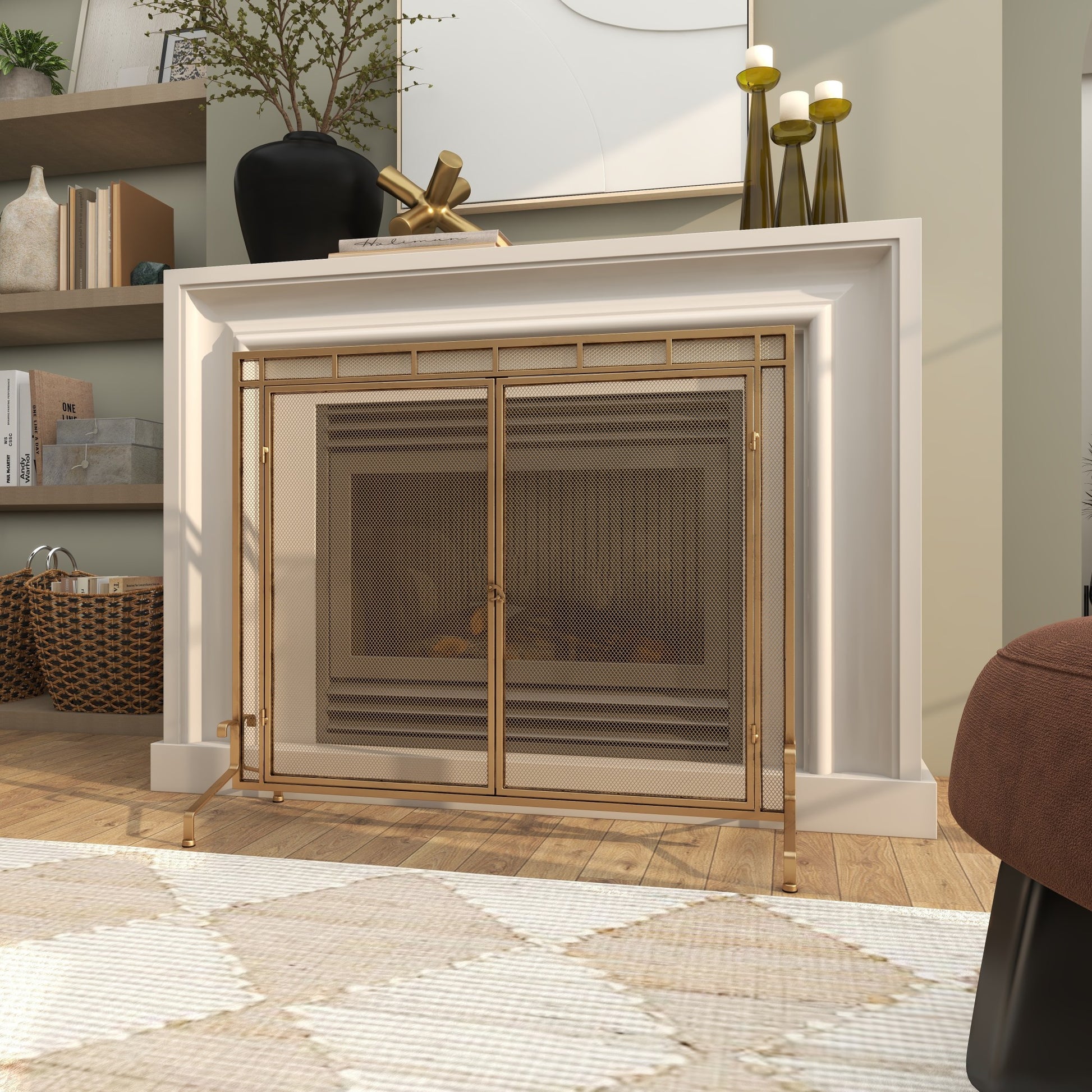 Gold Metal Geometric Single Panel Living Room Fireplace Screen with Latched Doors and Arched Feet