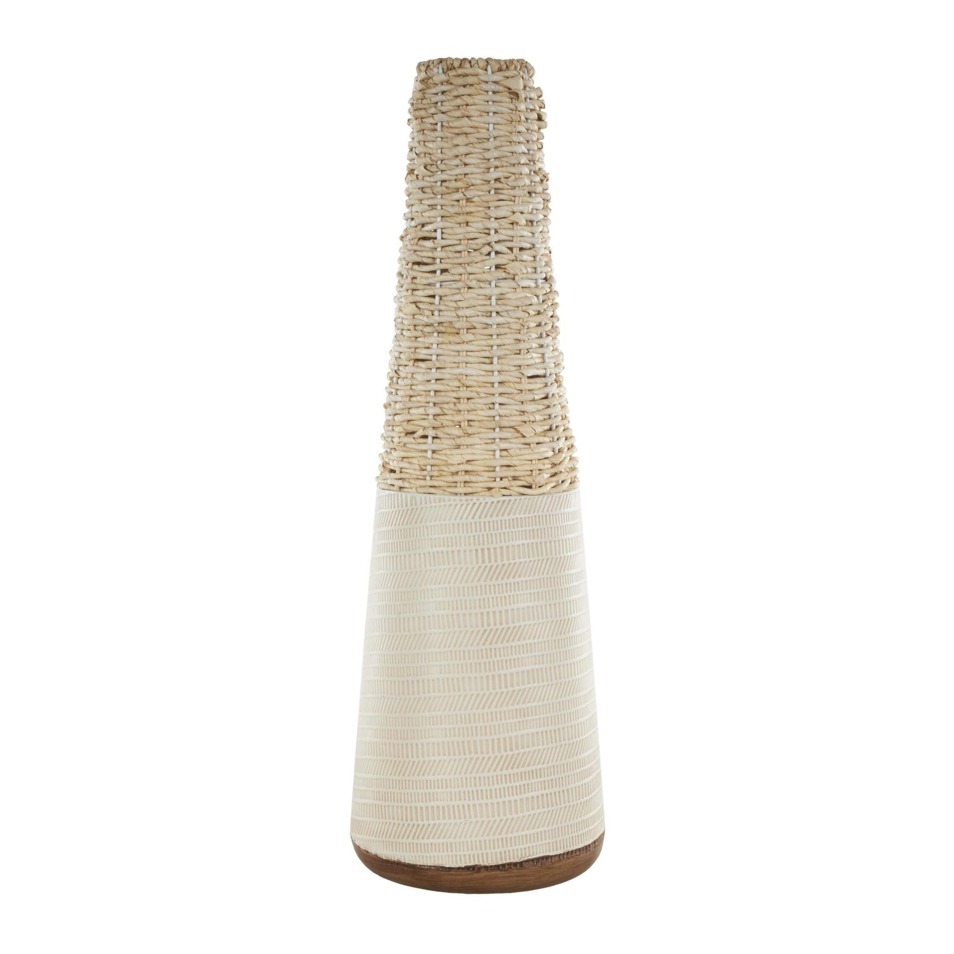 Geometric Light Brown Rattan Handmade Woven Decorative Vase with Beige Metal Base