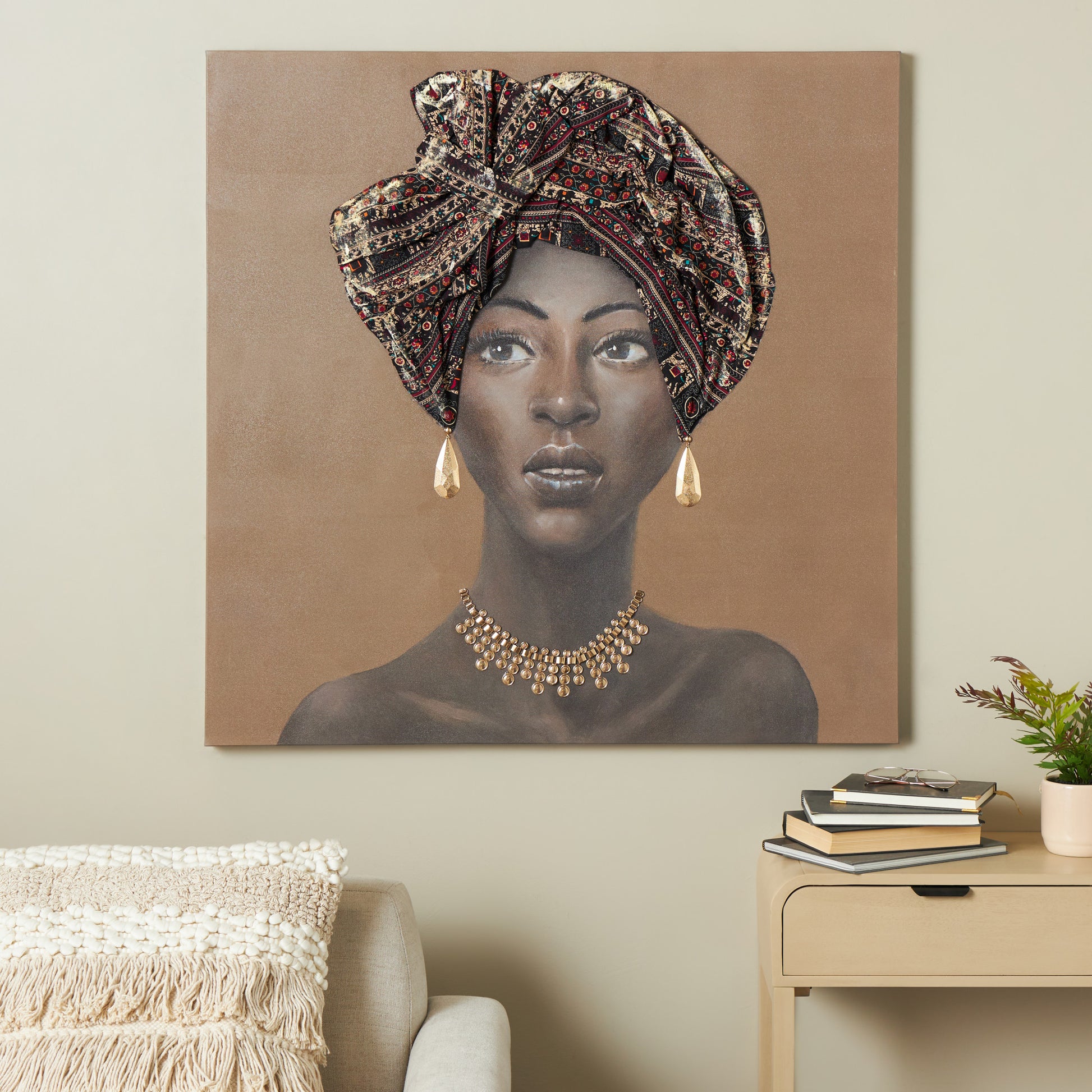 Woman Brown Canvas Decorative Wall Art with 3D Fabric Headwear And Gold Jewels
