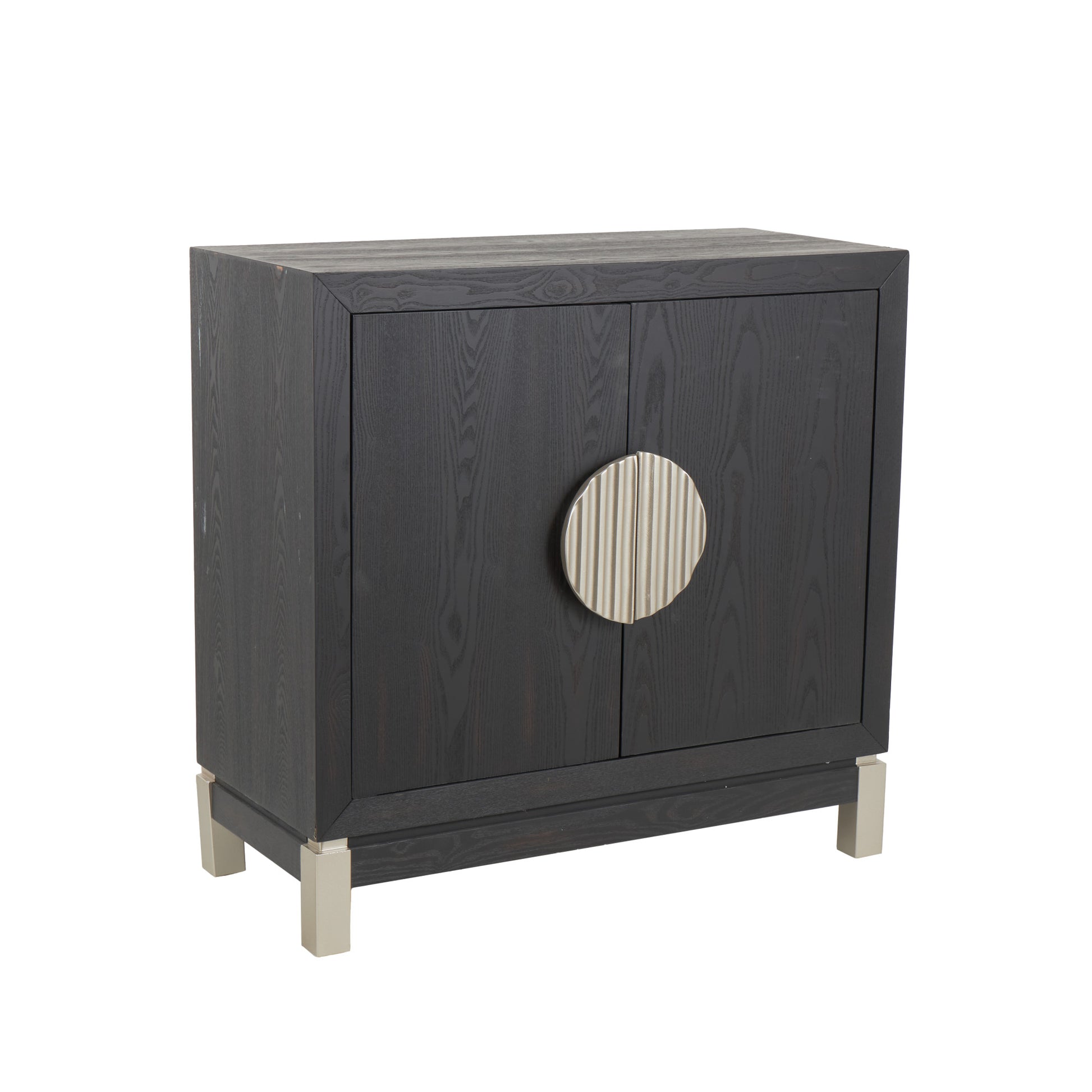 Geometric Black Wooden 2 Door Room Cabinet with Gold Textured Half-Moon Handles and Red Accents