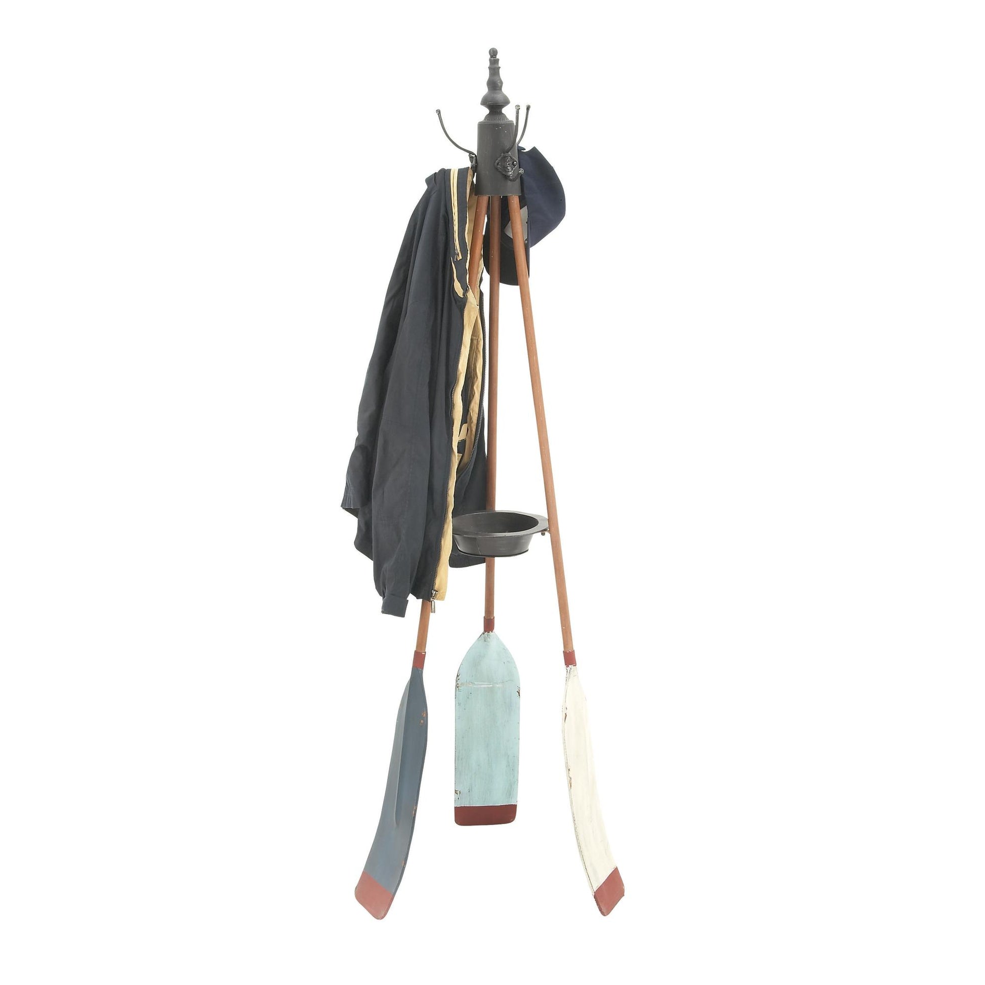 Paddle Blue Metal Oar 3 Hook Freestanding Coat Rack with Wooden Poles and Storage Tray