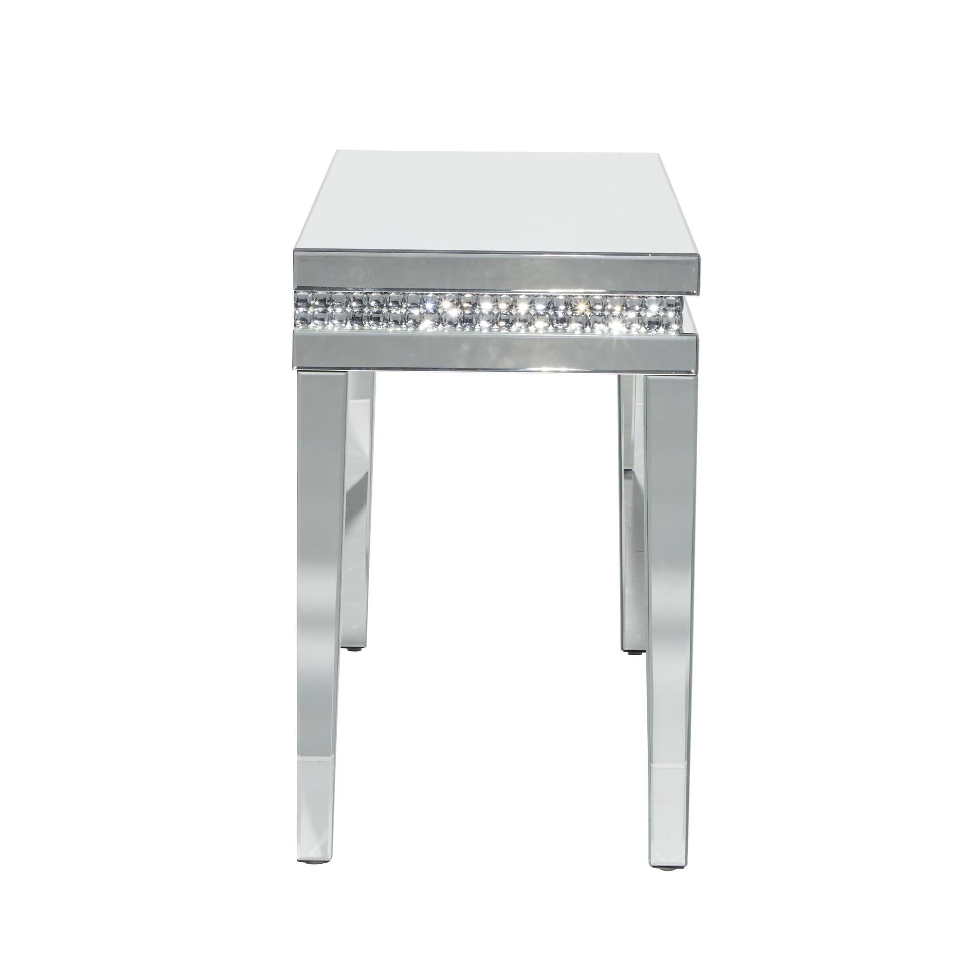 Silver Glass Mirrored Living Room Console Table with Crystal Studded Embellishments