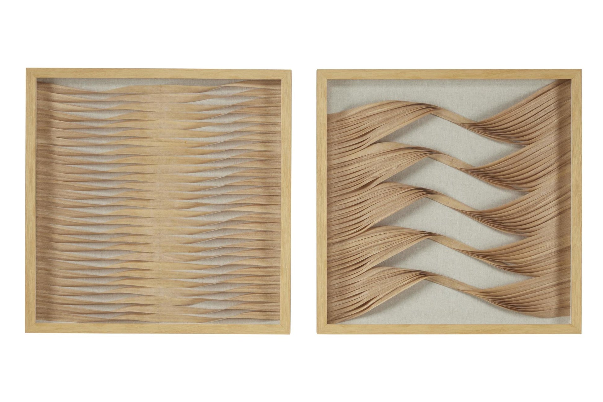 Set of 2 Abstract Brown Wooden Handmade Twisted Ribbon Home Shadow Box with Beige Linen Backing