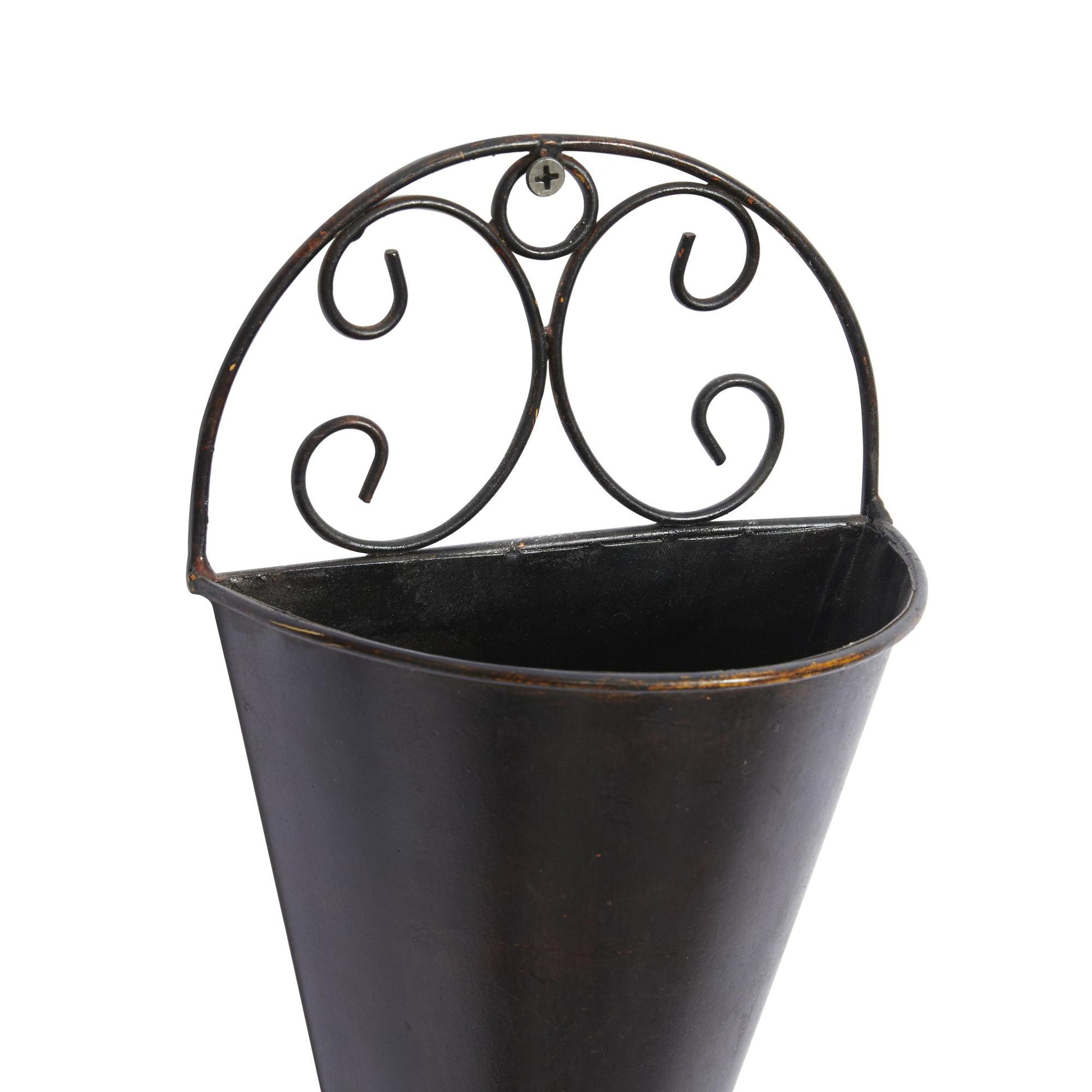 Set of 2 Scroll Black Metal Cone Indoor Outdoor Wall Planter