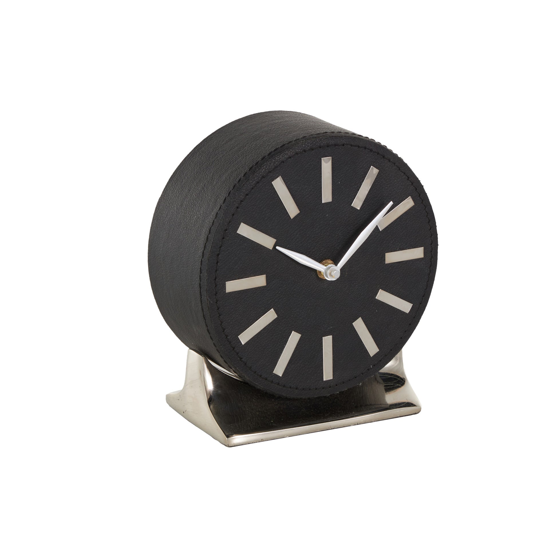 Faux Leather Round Decorative Clock with Silver Rectangular Base