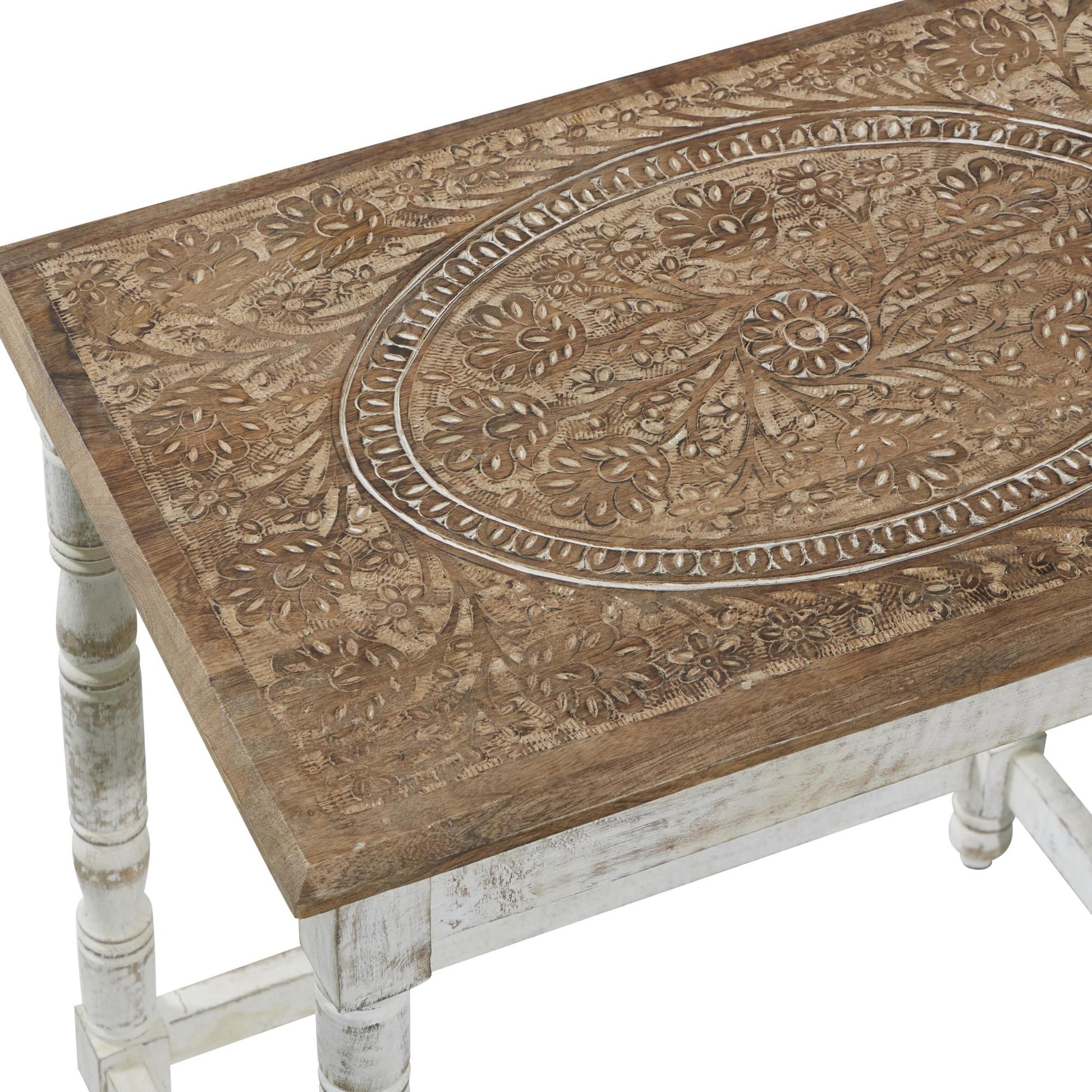 Set of 2 Floral Mango Wood Handmade Intricately Carved Side End Accent Table with Carved Tabletops
