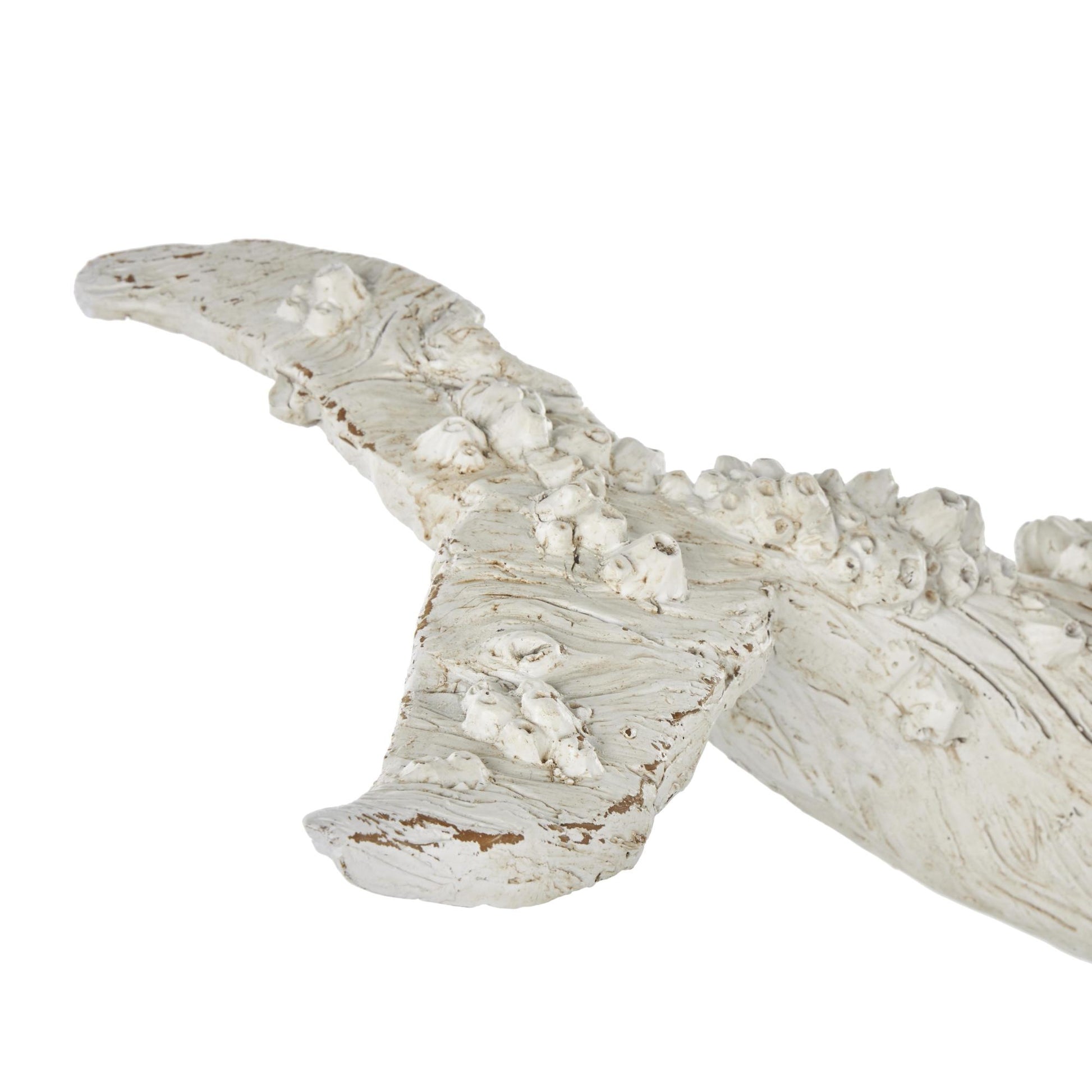 Whale Cream Polystone Textured Decorative Sculpture with Brown Distressing and Black Metal Stand