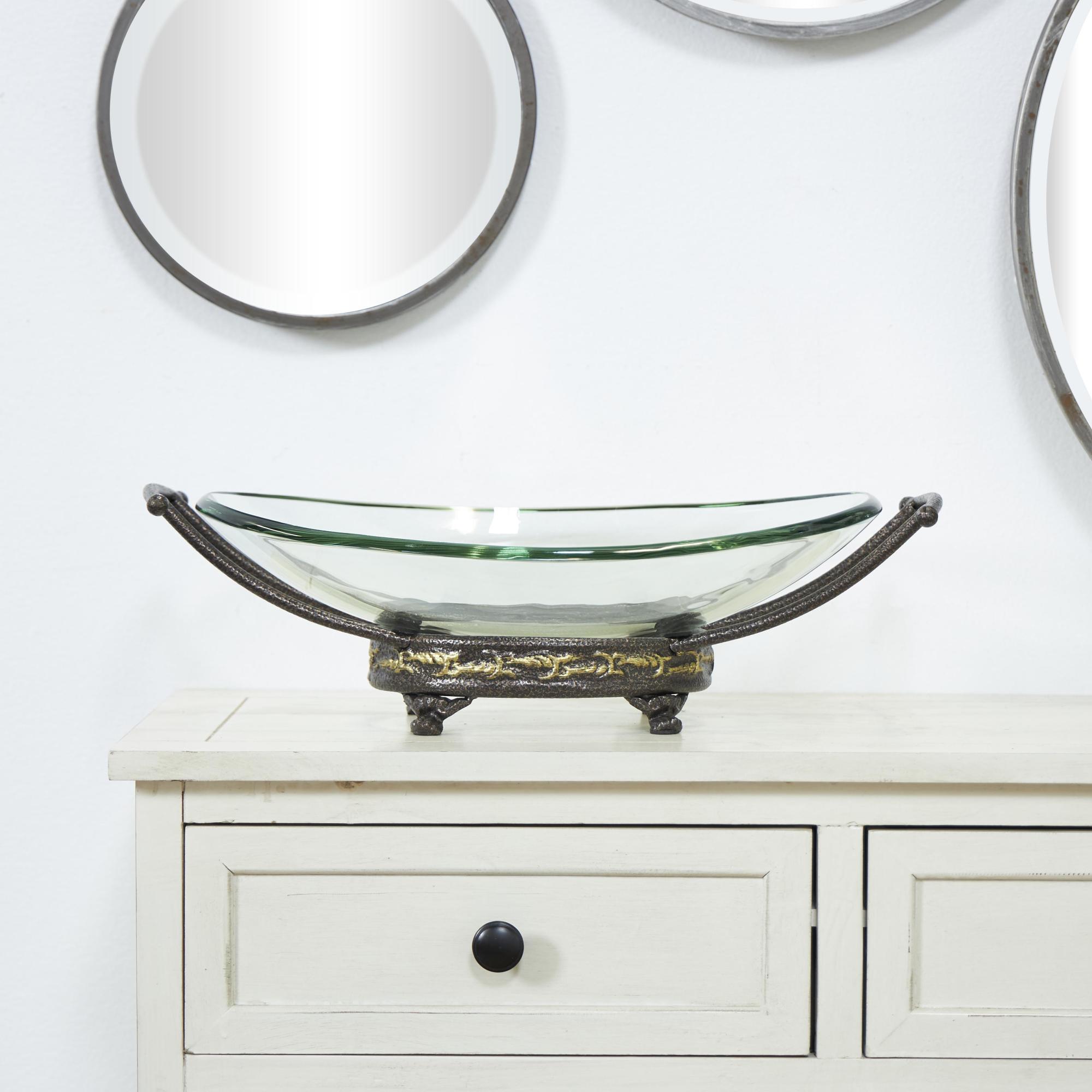 Kitchen Clear Tempered Glass Decorative Serving Bowl with Brown Metal Base