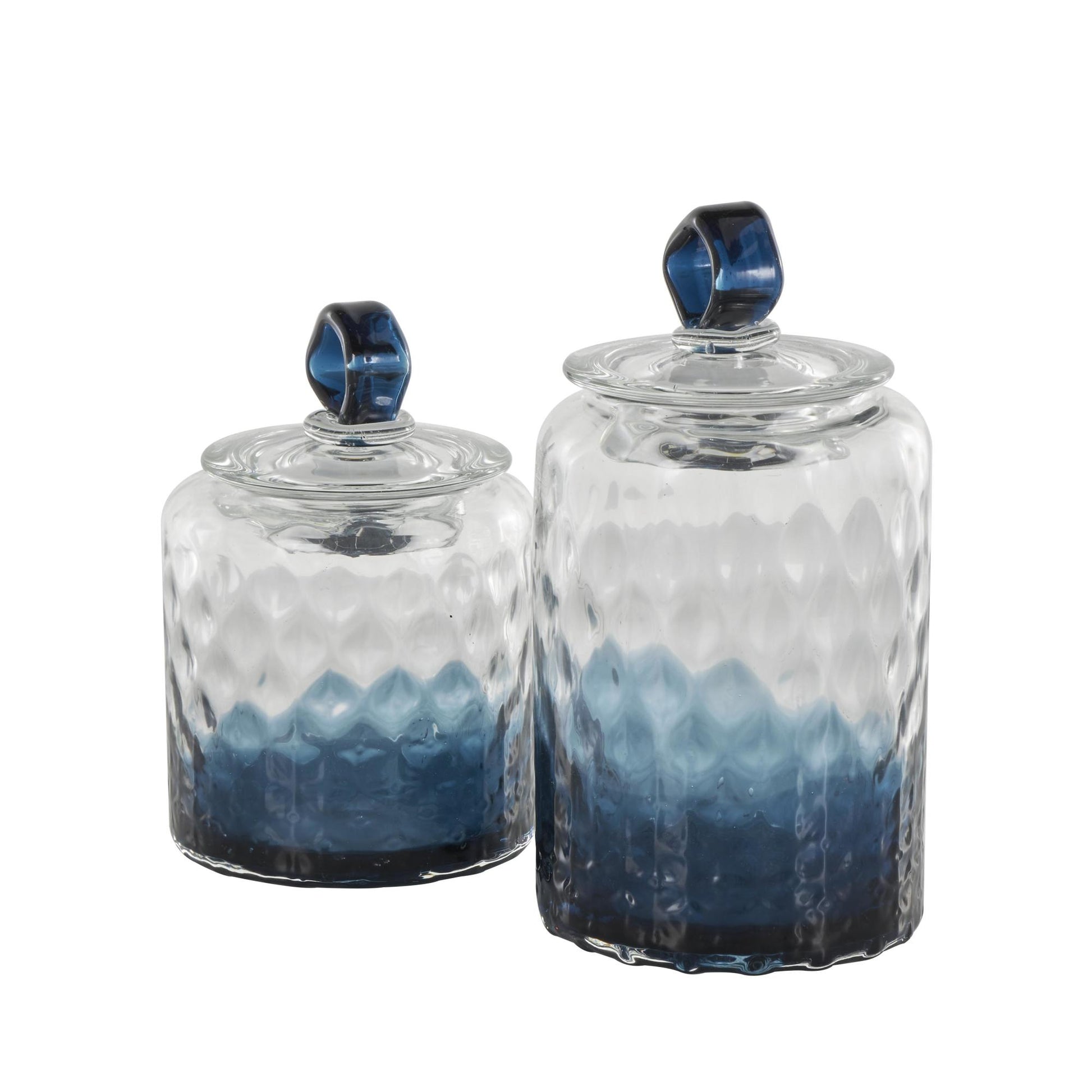 Set of 2 Geometric Dark Blue Glass Faceted Ombre Living Room Decorative Jars with Diamond Knobs
