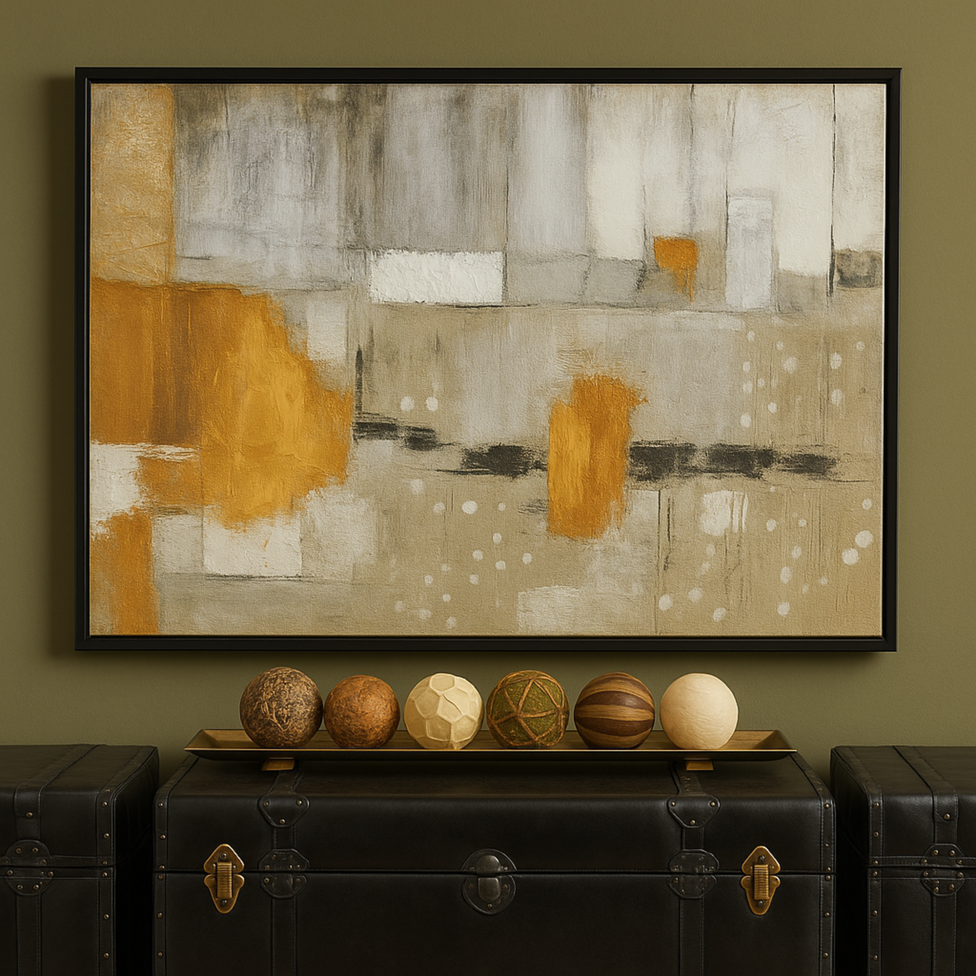 Abstract Gray Canvas Living Room Framed Wall Art with Black and Yellow Details