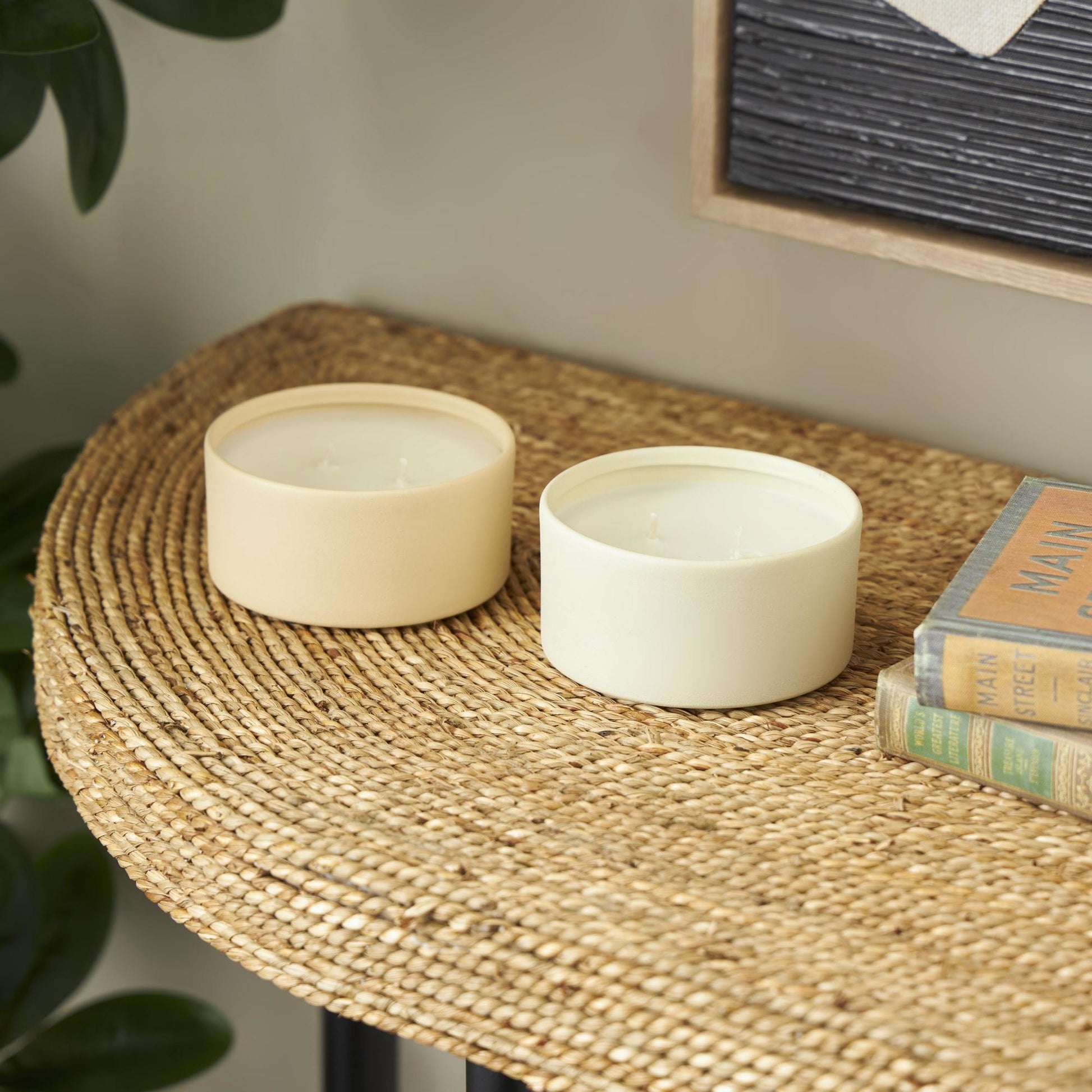 Set of 2 Metal Fresh Cotton / White Tea & Ginger Scented Textured 9oz 2 Wick Decorative Candle with White Wax