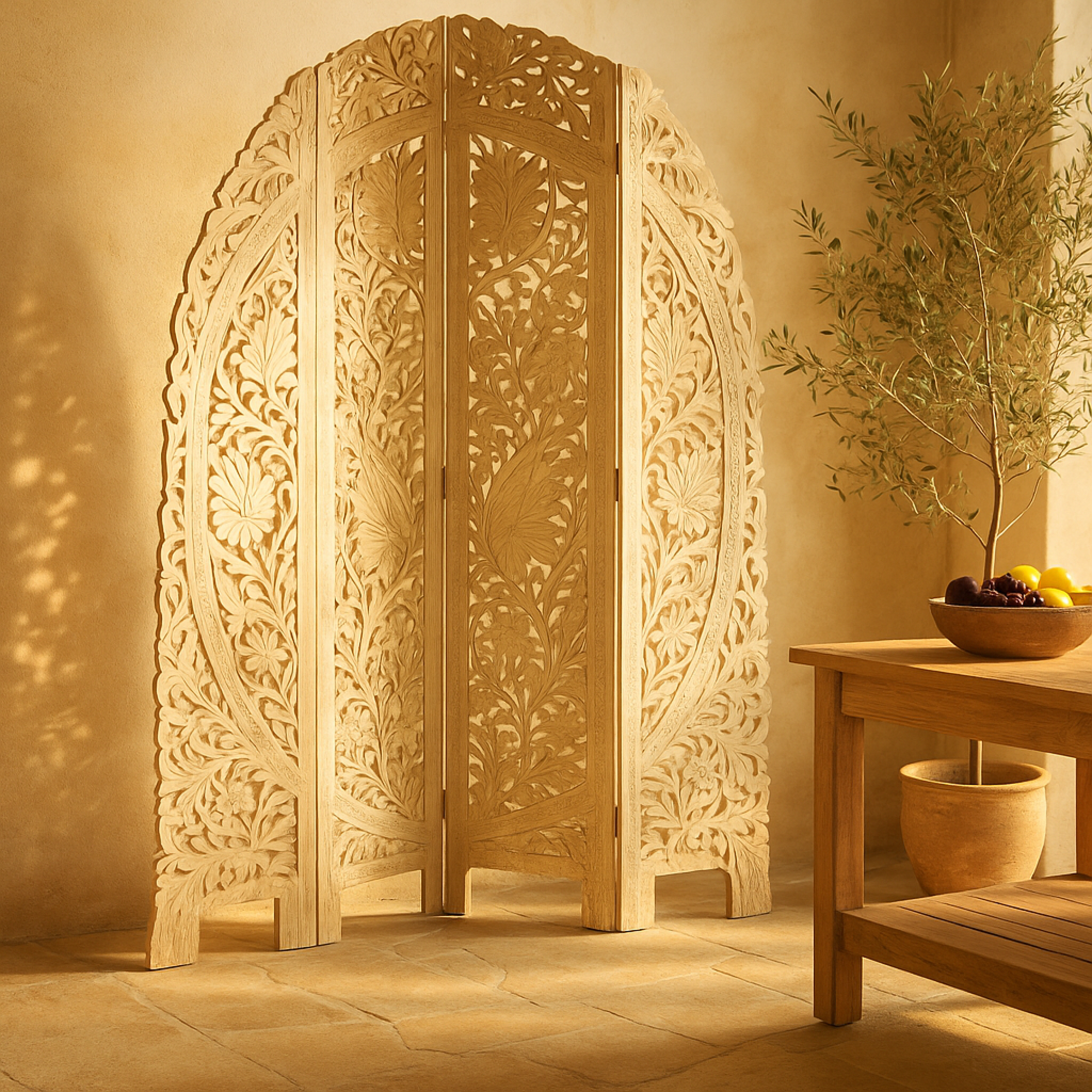 Floral White Wood Handmade Foldable Partition 4 Panel Partition Room Divider Screen with Carved Designs