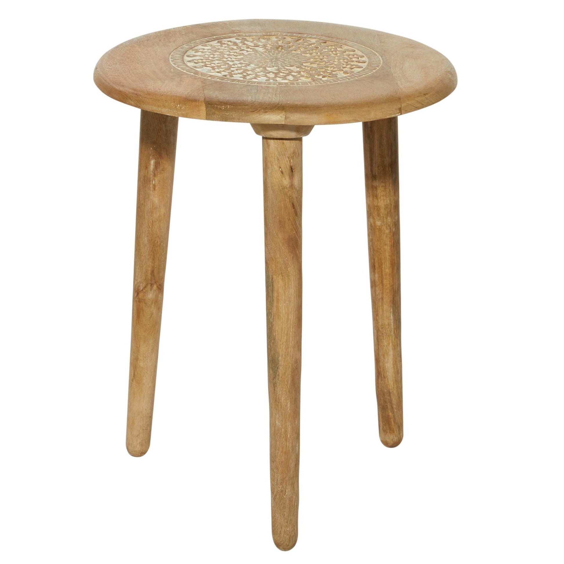 Floral Mango Wood Handmade Intricately Carved Side End Accent Table with Tripod Legs