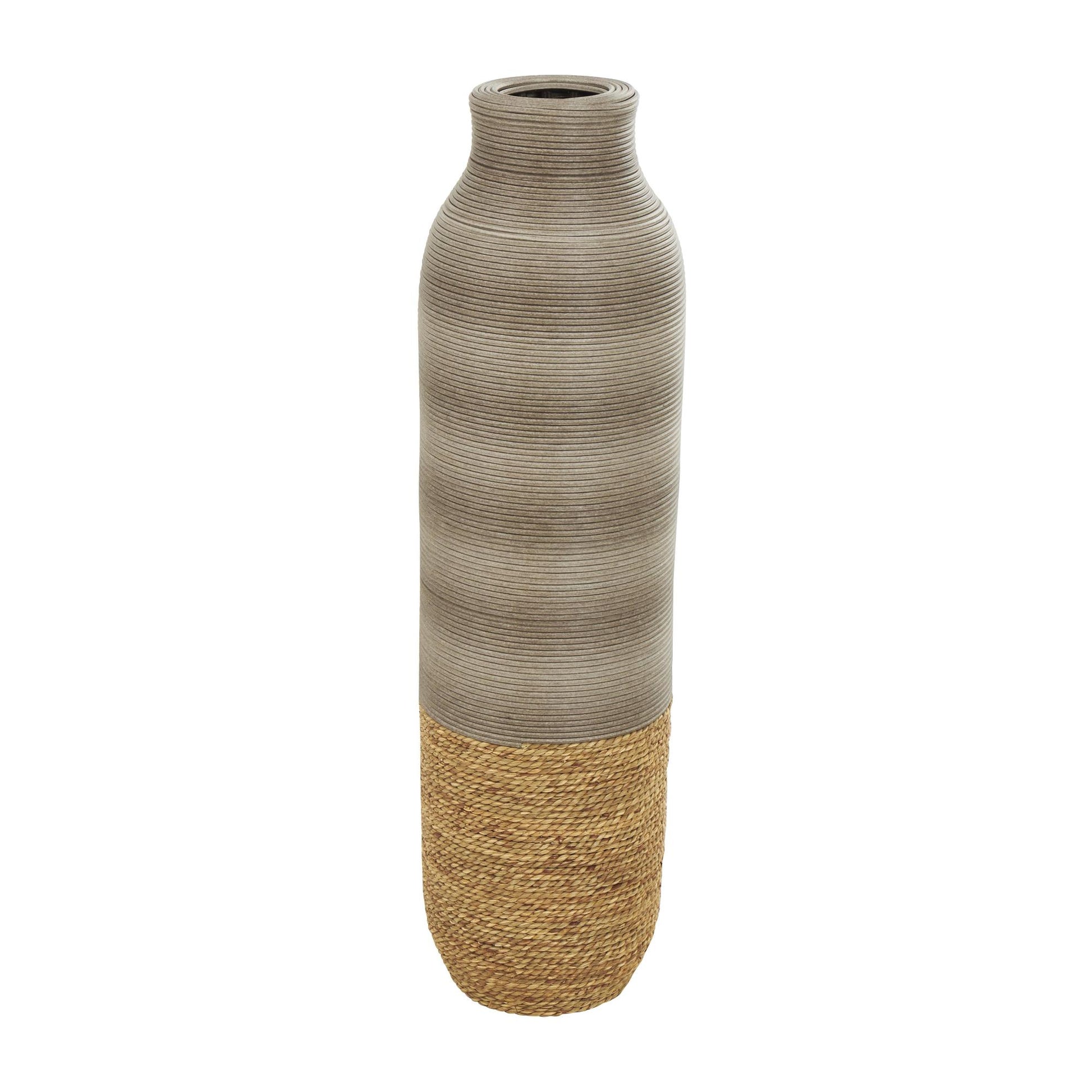Brown Seagrass Handmade Ribbed Decorative Vase with Coiled Seagrass Base