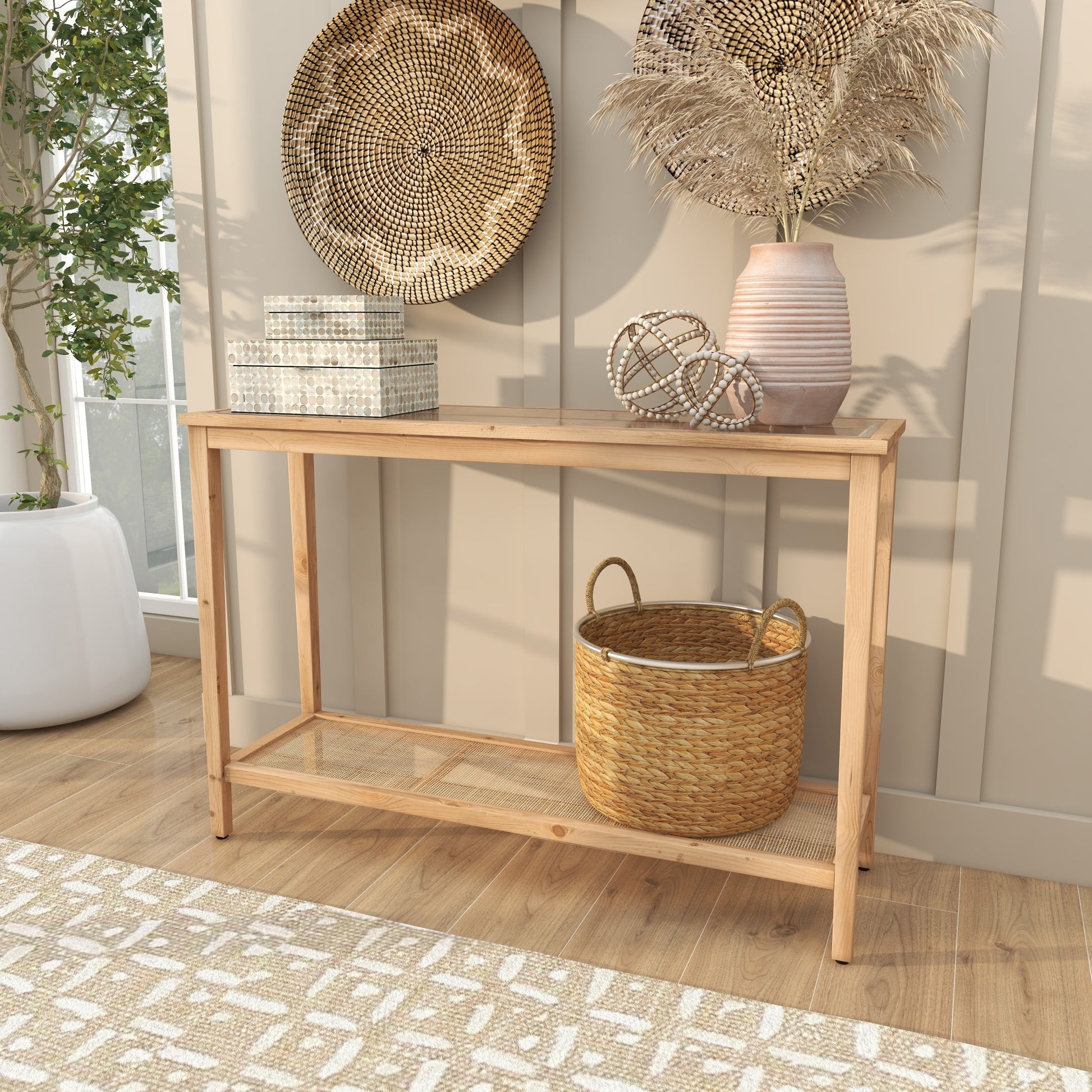 Brown Wood Slim Natural Living Room Console Table with Glass Top and Rattan Shelf
