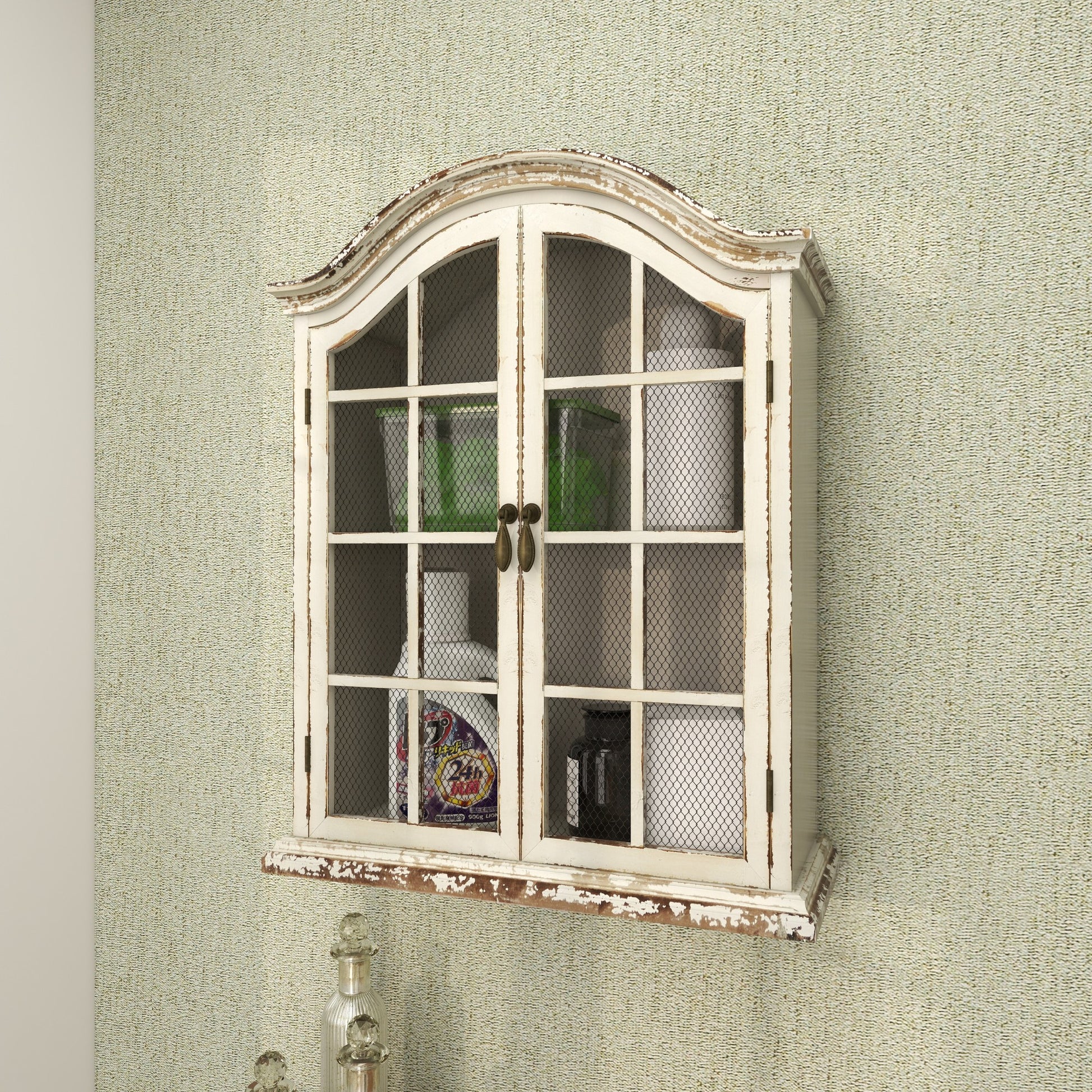 Wood Distressed 1 Shelf and 2 Door Room Wall Shelf with Arched Shutter Doors