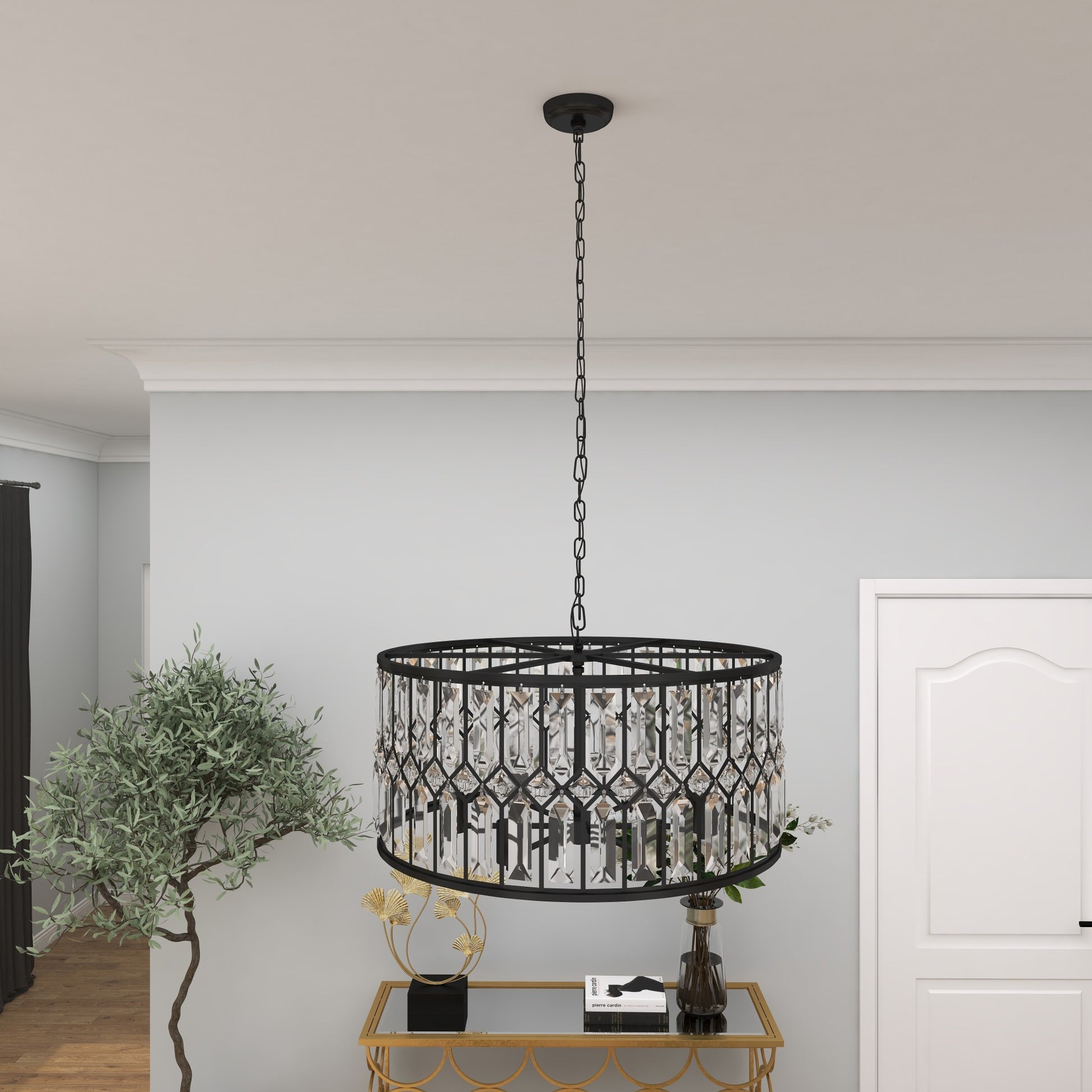 Geometric Black Metal Crystal Embellished 6 Light Room Chandelier with Link Chain