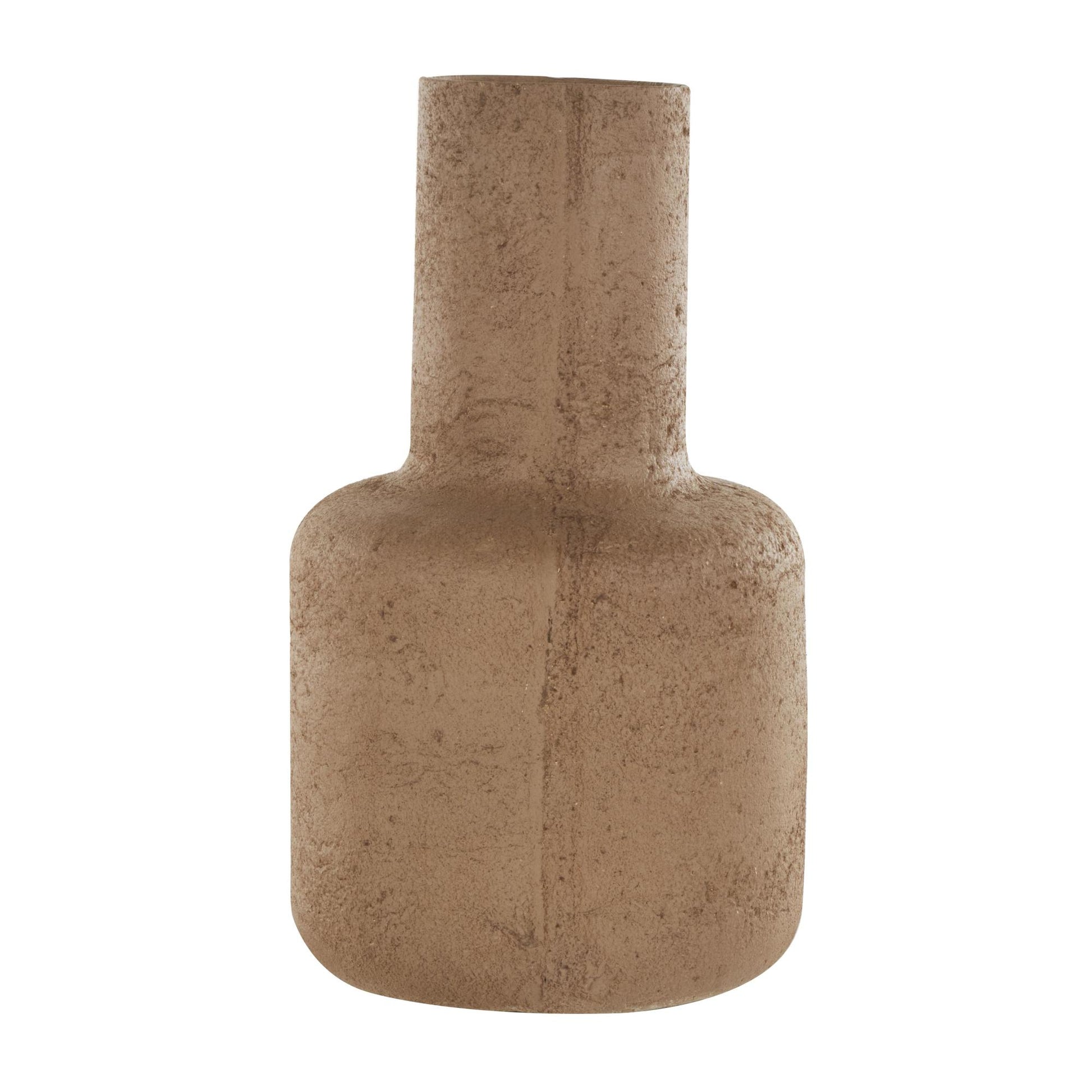 Abstract Brown Paper Mache Distressed Textured Decorative Vase with Triangular Handle