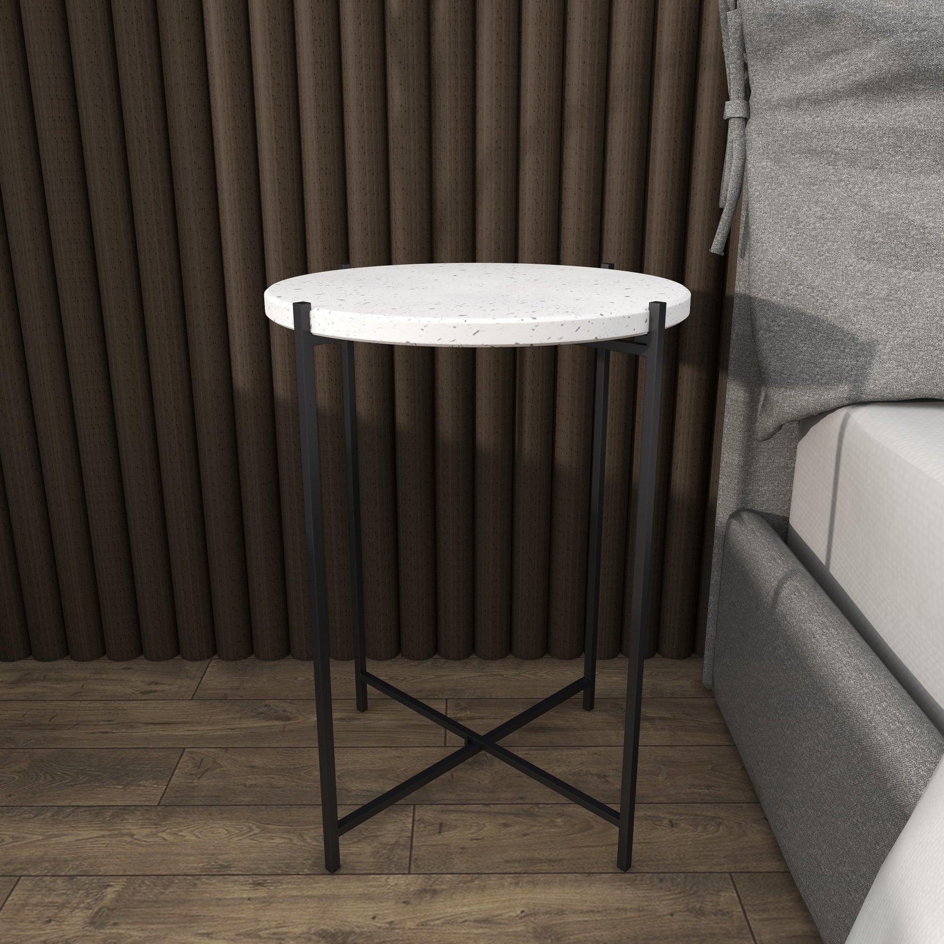 White Terrazzo Stone Side End Accent Table with Black Metal X-Stand