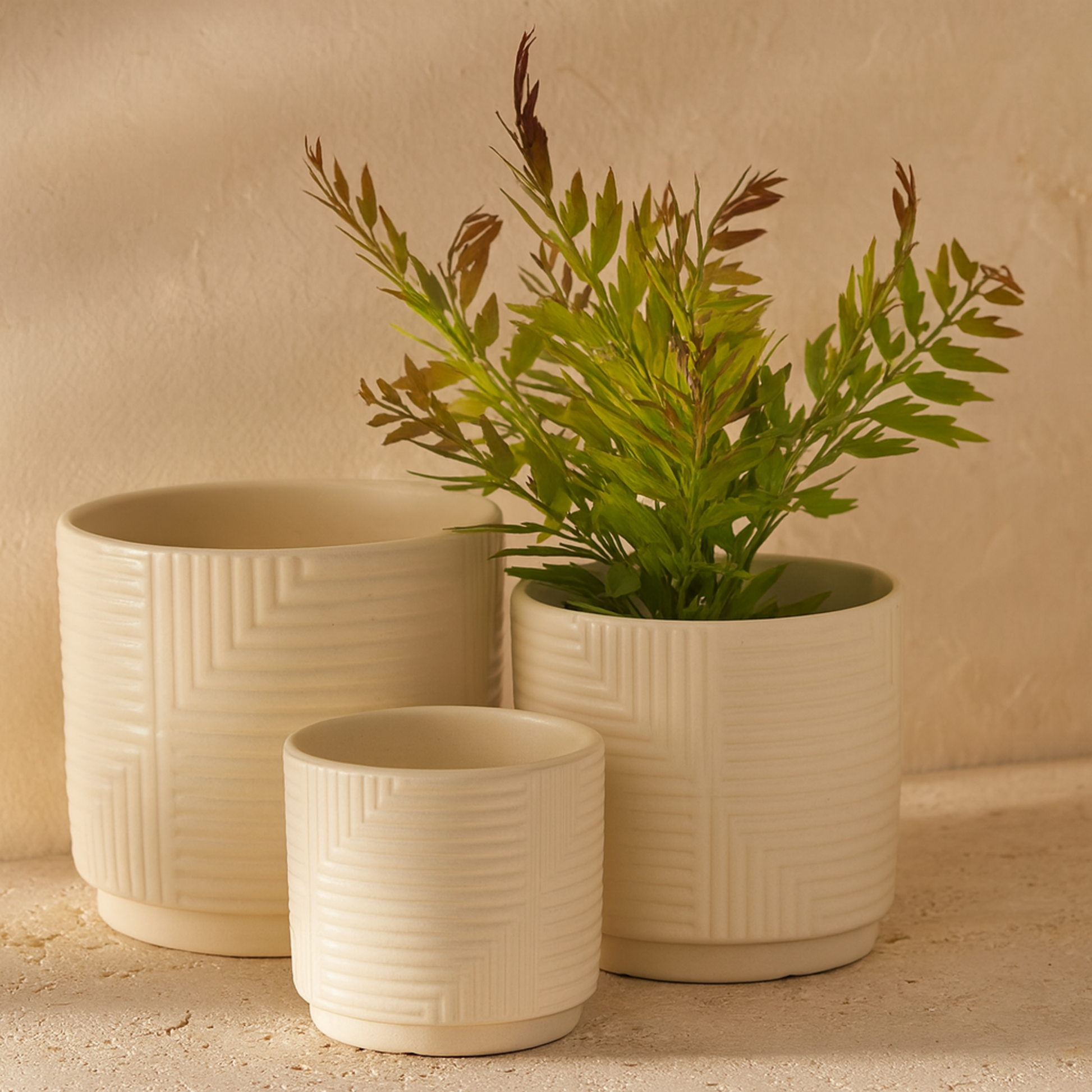 Set of 3 Geometric Ceramic Indoor Outdoor Planter with Layered Square Shaped Grooves