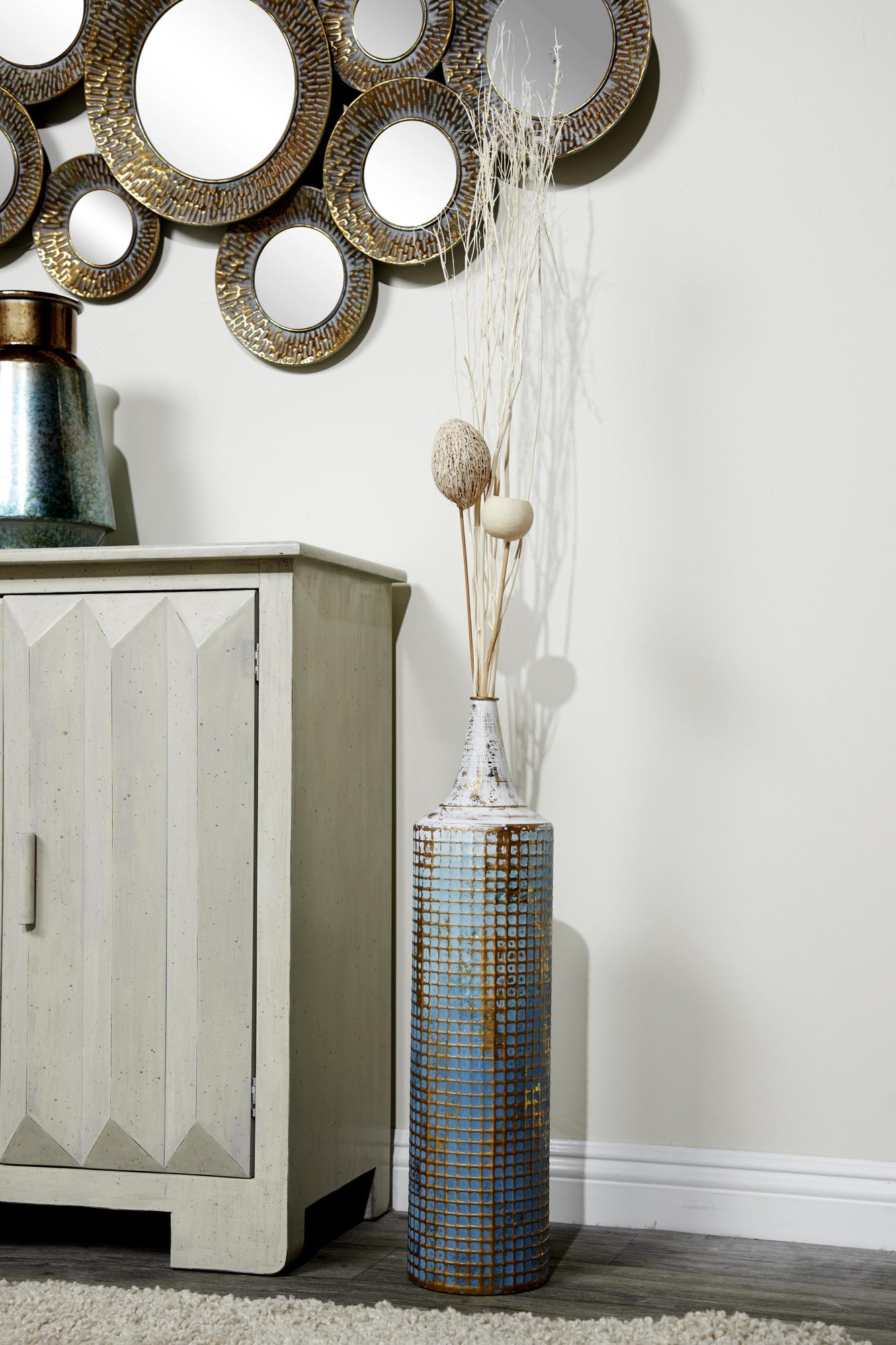 Set of 2 Geometric Blue Metal Distressed Tall Decorative Vase with Grid Pattern and Gold Accents