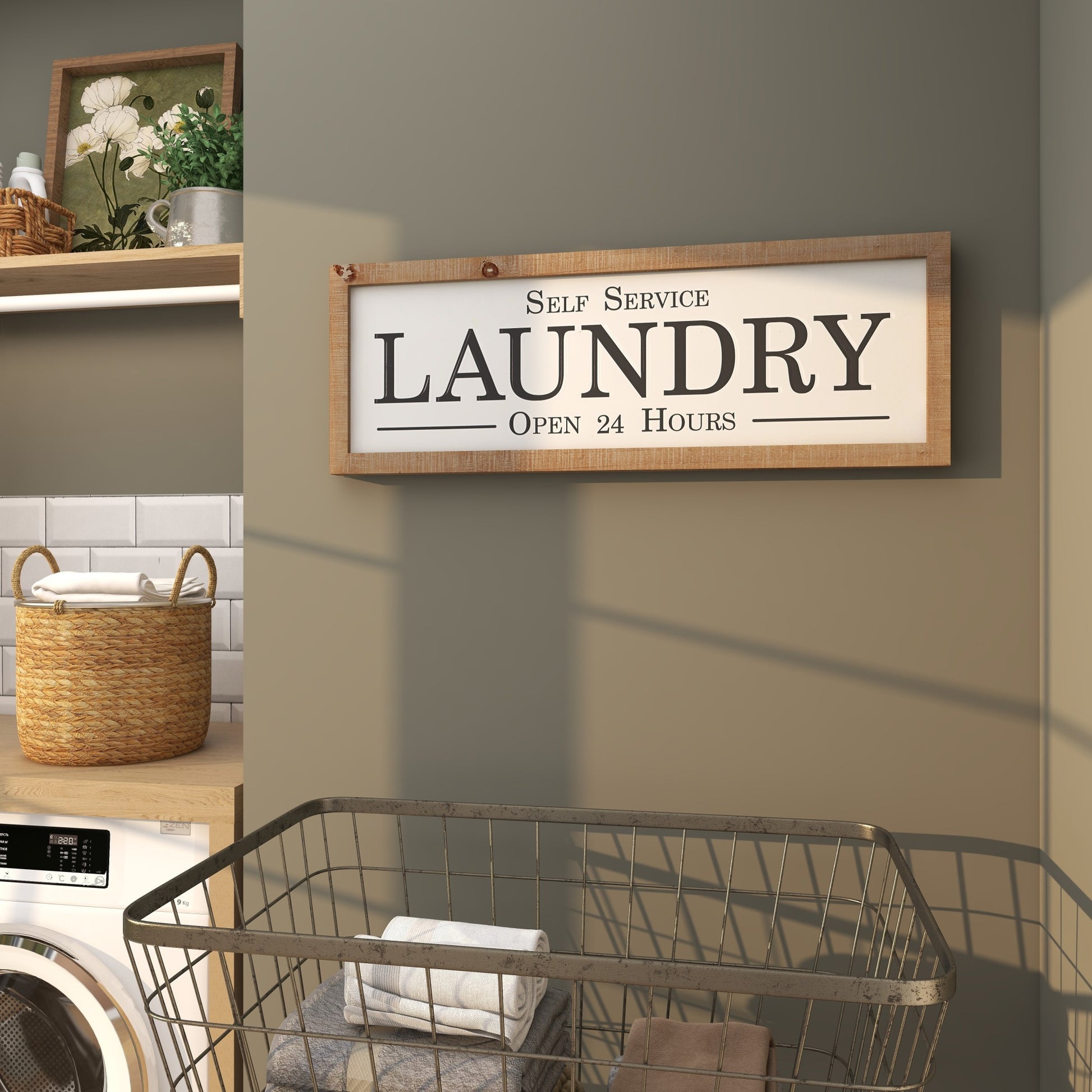 Sign White Metal Laundry Home Wall Decor with Wood Frame