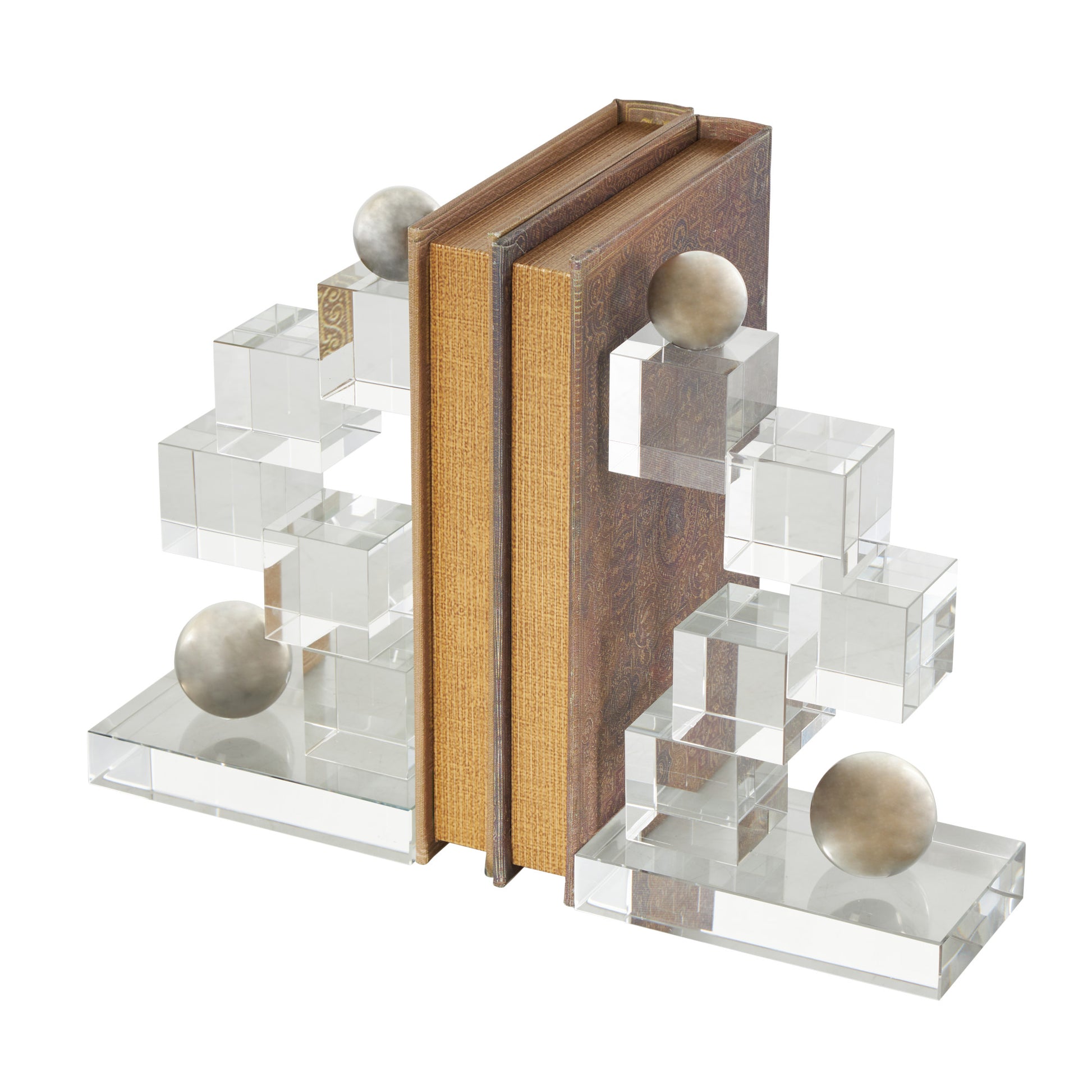 Set of 2 Geometric Clear Glass Stacked Squares Decorative Bookends with Silver Orbs
