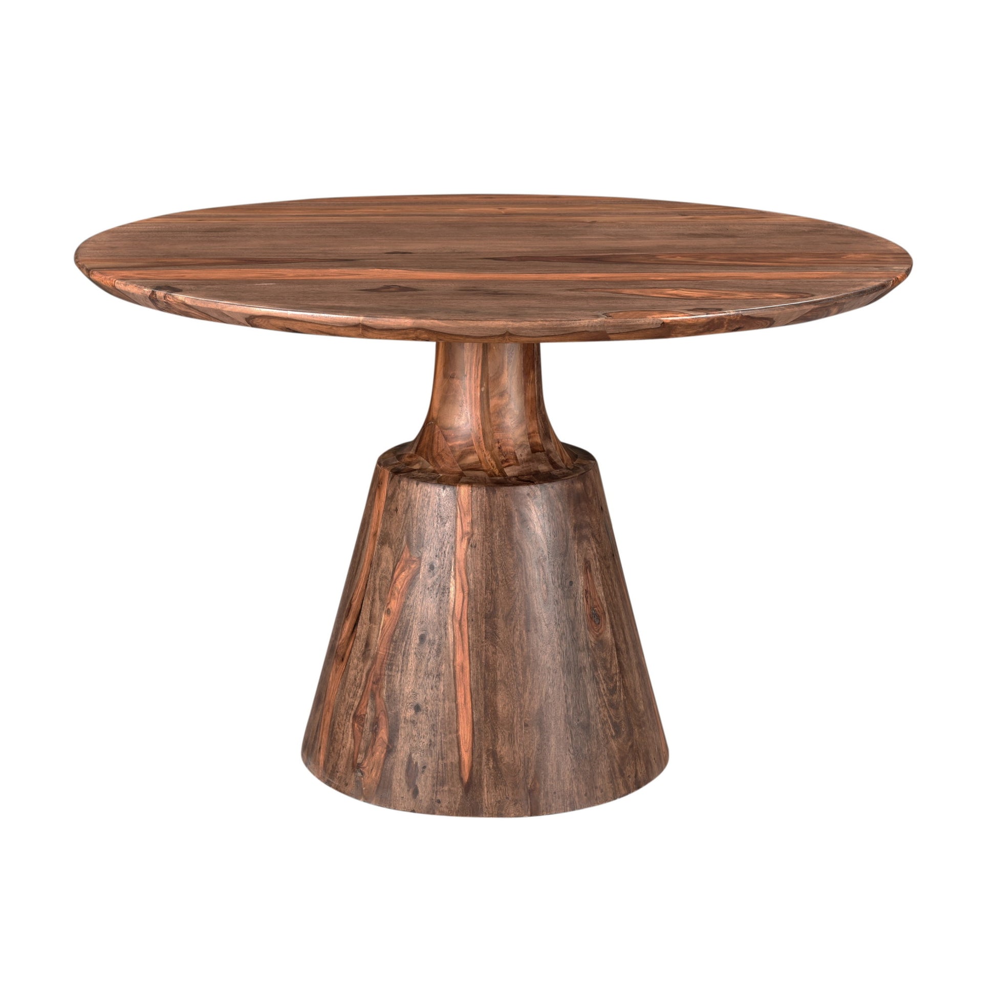 Brown Sheesham Wood Round Kitchen Dining Table with Pedestal Cone Base and Natural Wood Grains