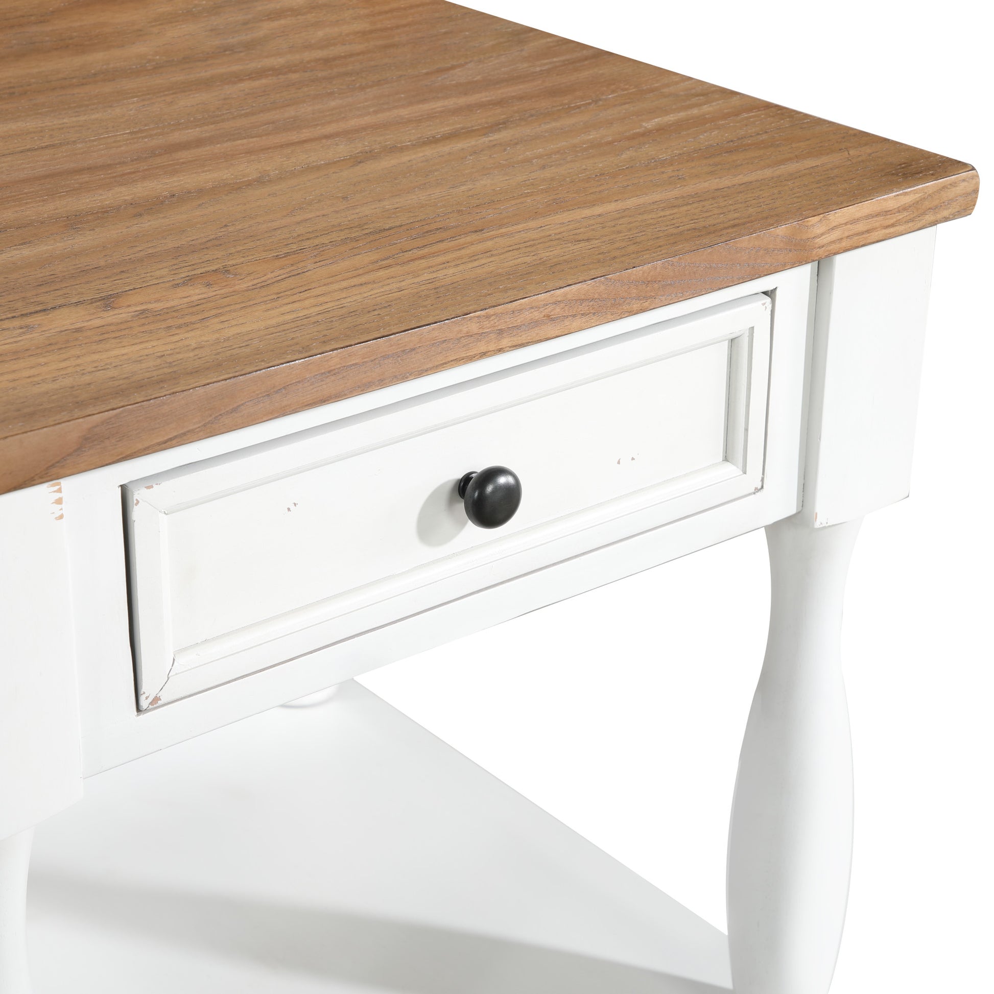 White Wood Square 1 Drawer Side End Accent Table with Brown Wood Tabletop and Turned Legs