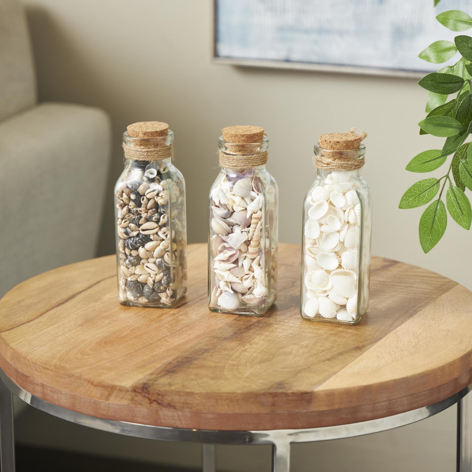 Set of 3 Clear Glass Decorative Orbs & Vase Filler with Seashells and Jute Rope Accents