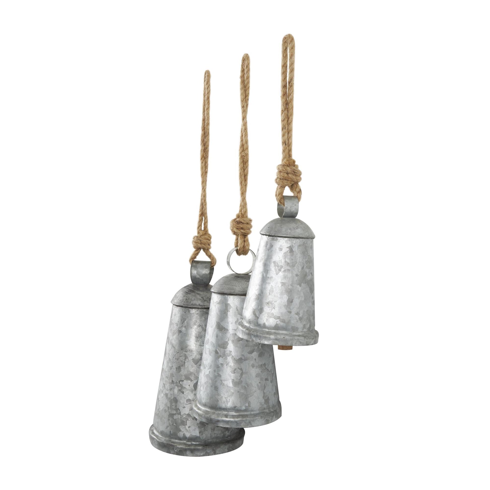 Set of 3 Metal Tibetan Inspired Indoor Outdoor Decorative Cow Bells with Jute Hanging Rope Set of 3 12",9",6"H